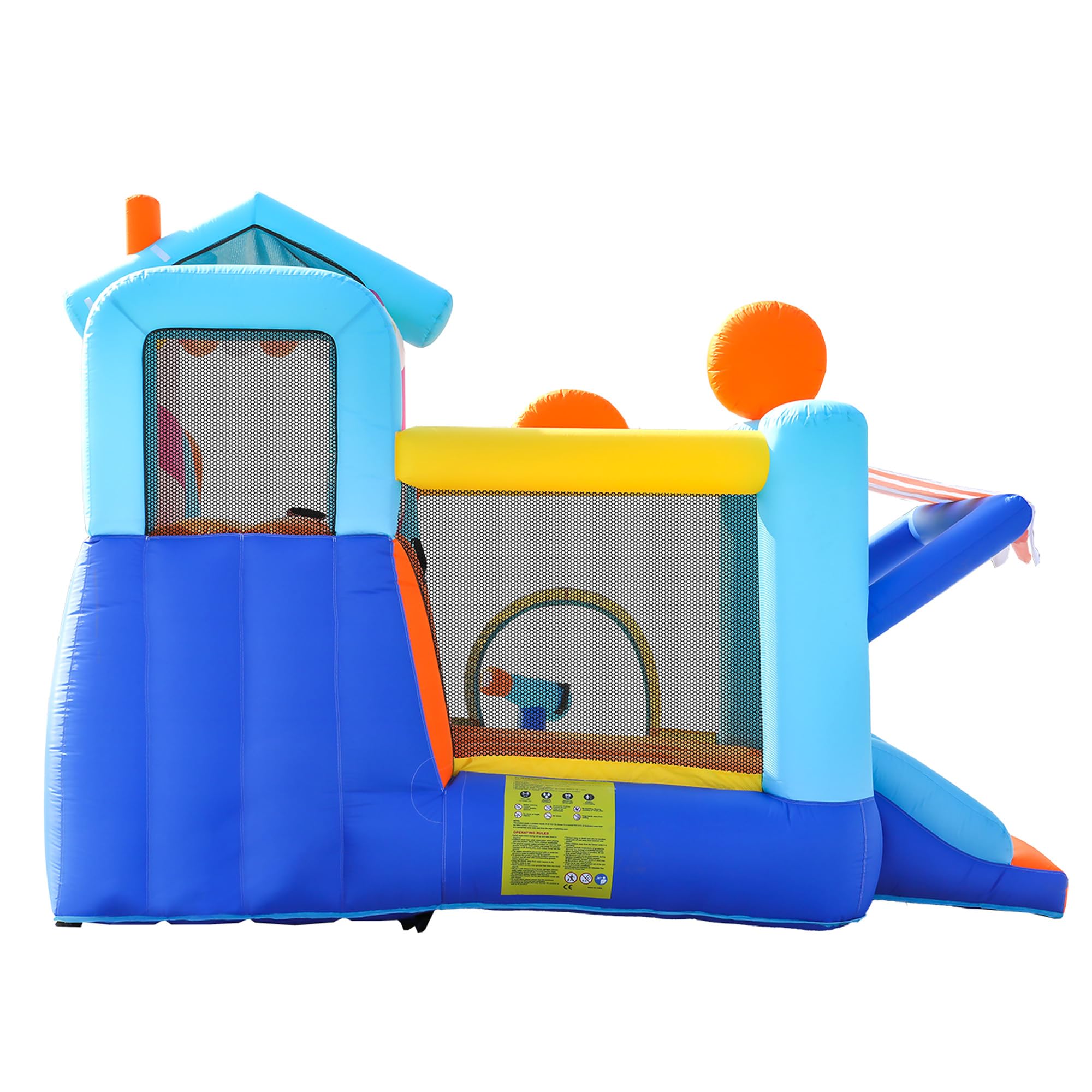 Castello gonfiabile per bambini con ventilatore, parco acquatico multifunzionale all'aperto con trampolino, scivolo d'acqua, piccolo scivolo, fontana, pistole ad acqua, con ventilatore da 450 W, blu