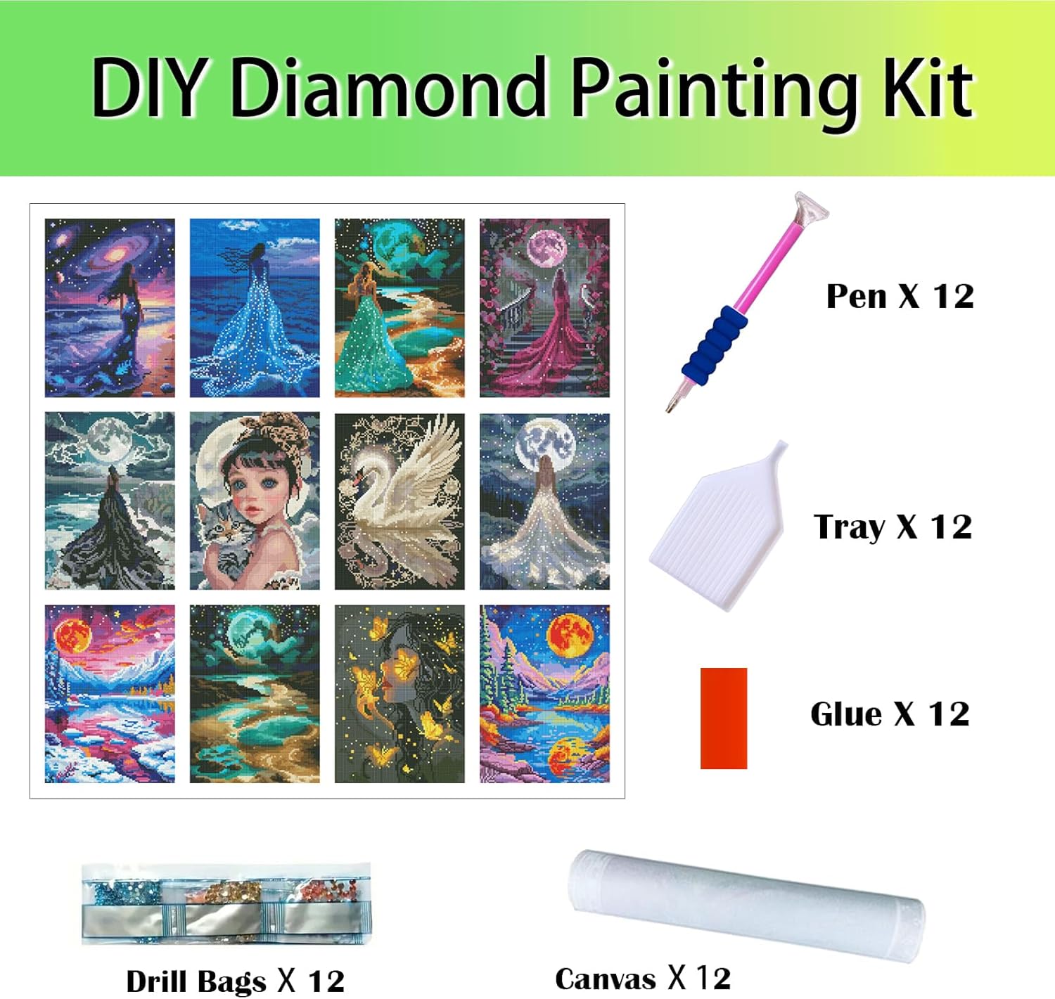 Zha Qiyong Diamond Art Painting Kits for Adults，Round Full Drill Diamond Dots Paintings for Beginners, 5D Diamonds Pictures Gem Art Painting DIY Crafts Kits 12x16inch（12 Pack）