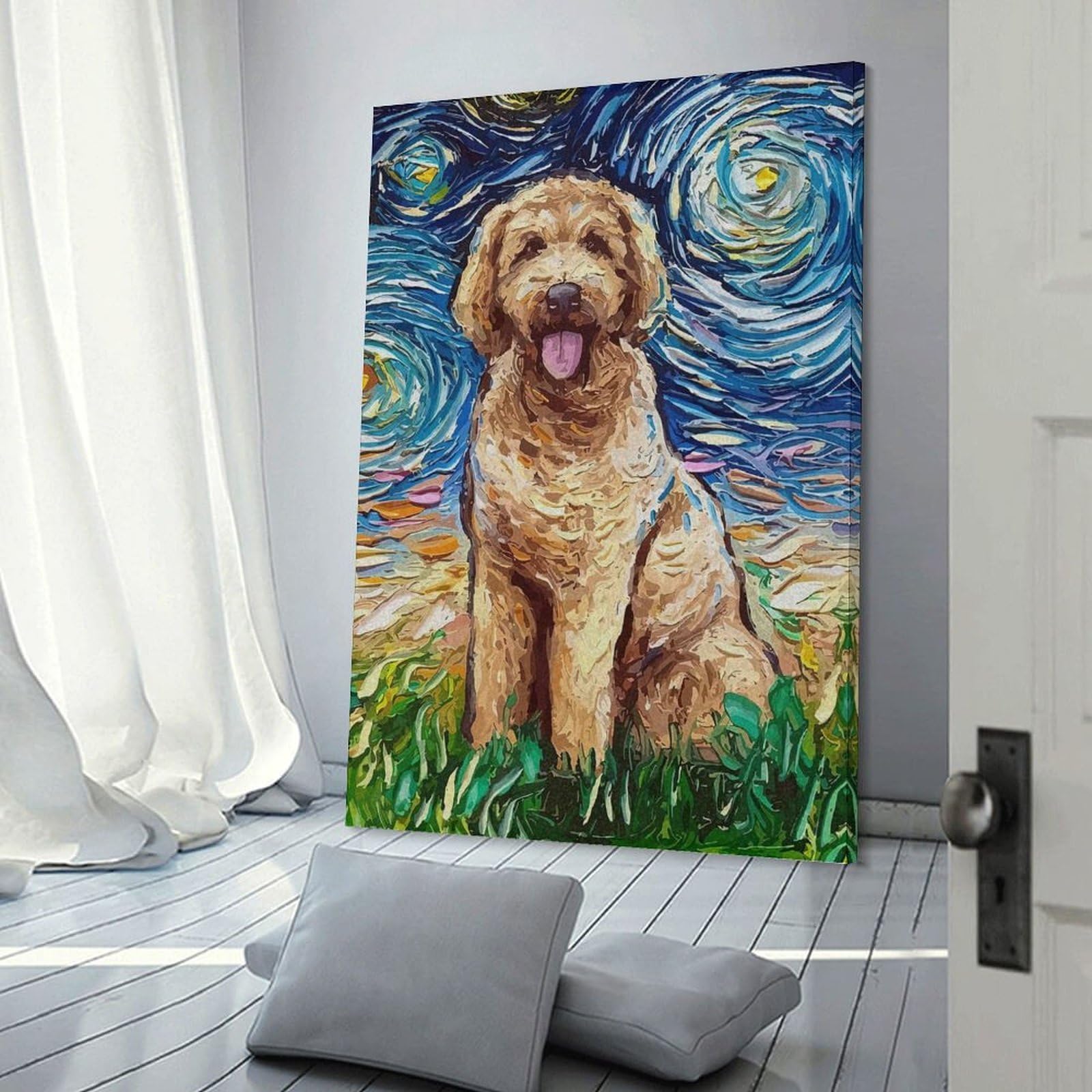 Junmoney Frame-Style-3 Dog Starry Night Canvas Wall Art 08X12inch(20X30cm), For Workspace Walls, Study Corners Or Bedrooms, Wall Art That Adds Style To Work Areas