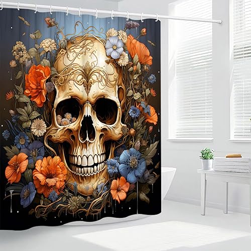 Miniatura 1 de Cortinas de ducha de Halloween, diseño retro de calavera, flores, plantas, temas de vacaciones de terror, decoración de baño, juego de cortinas de
