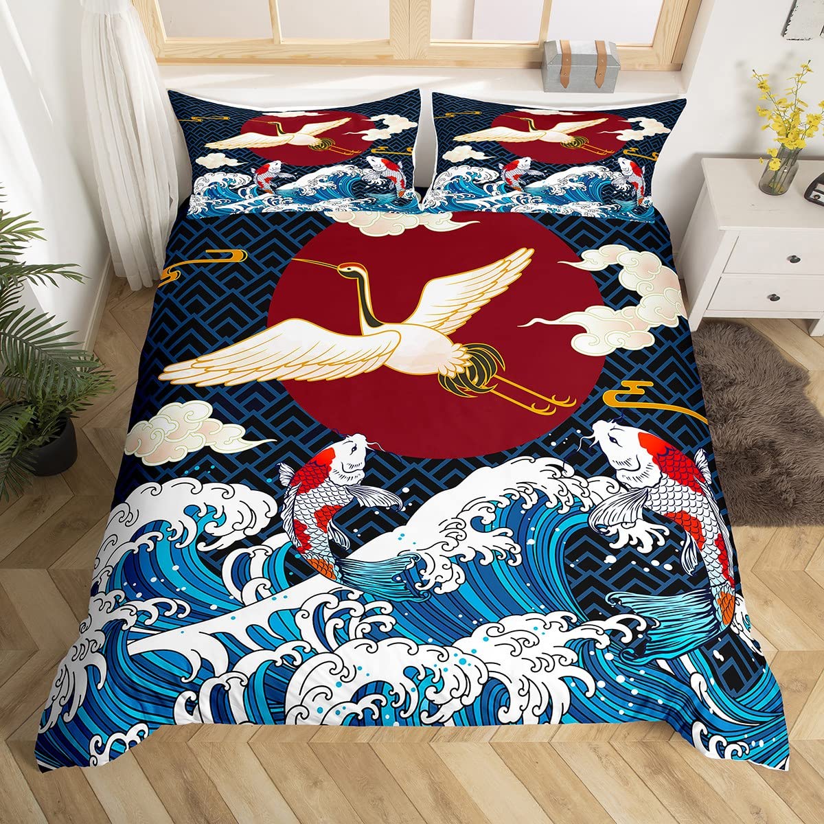 Housse de Couette Grue Blanche Style Ukiyoe Japonais avec Bateau
