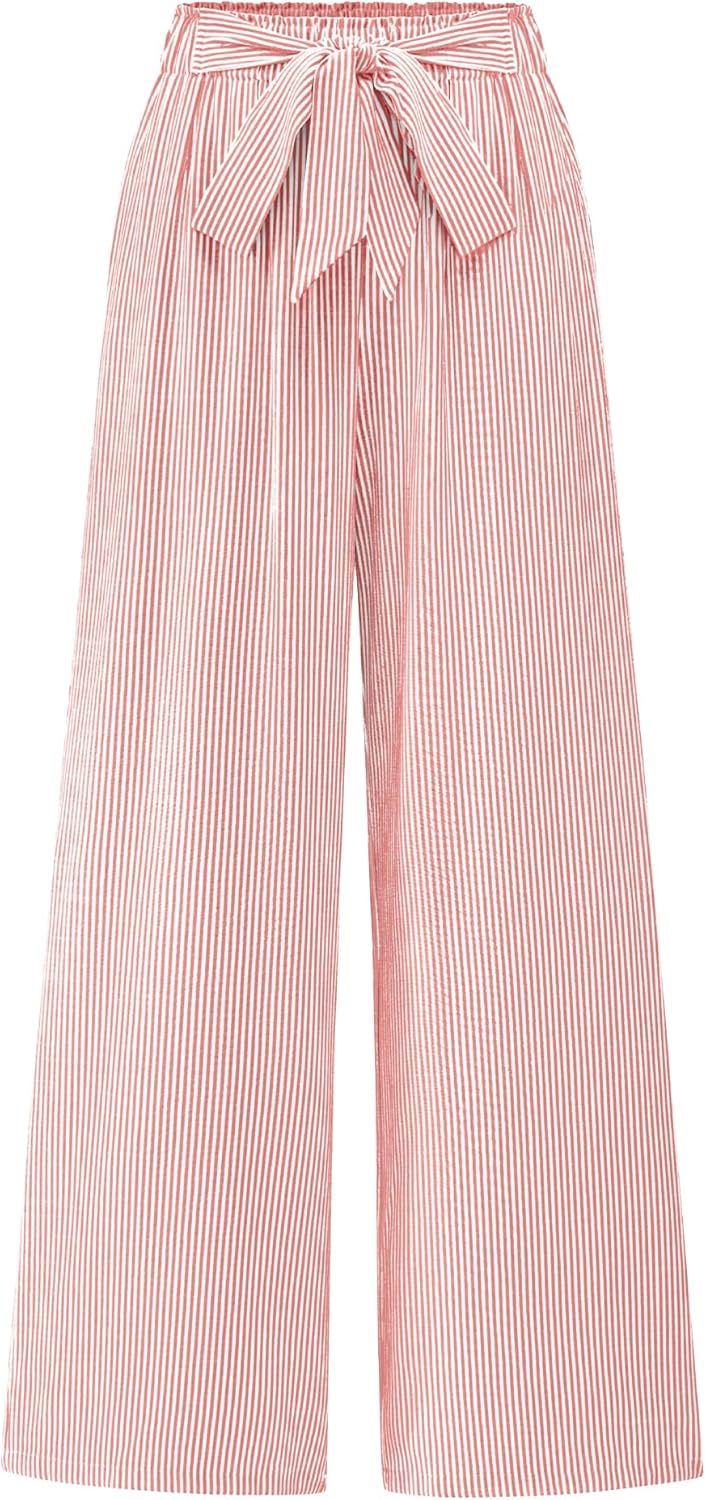 BTFBM Palazzo Pants for Women 2025 Fall Striped Flowy Tie Knot Wide Leg High Waist Dressy Casual Work Pants Trousers