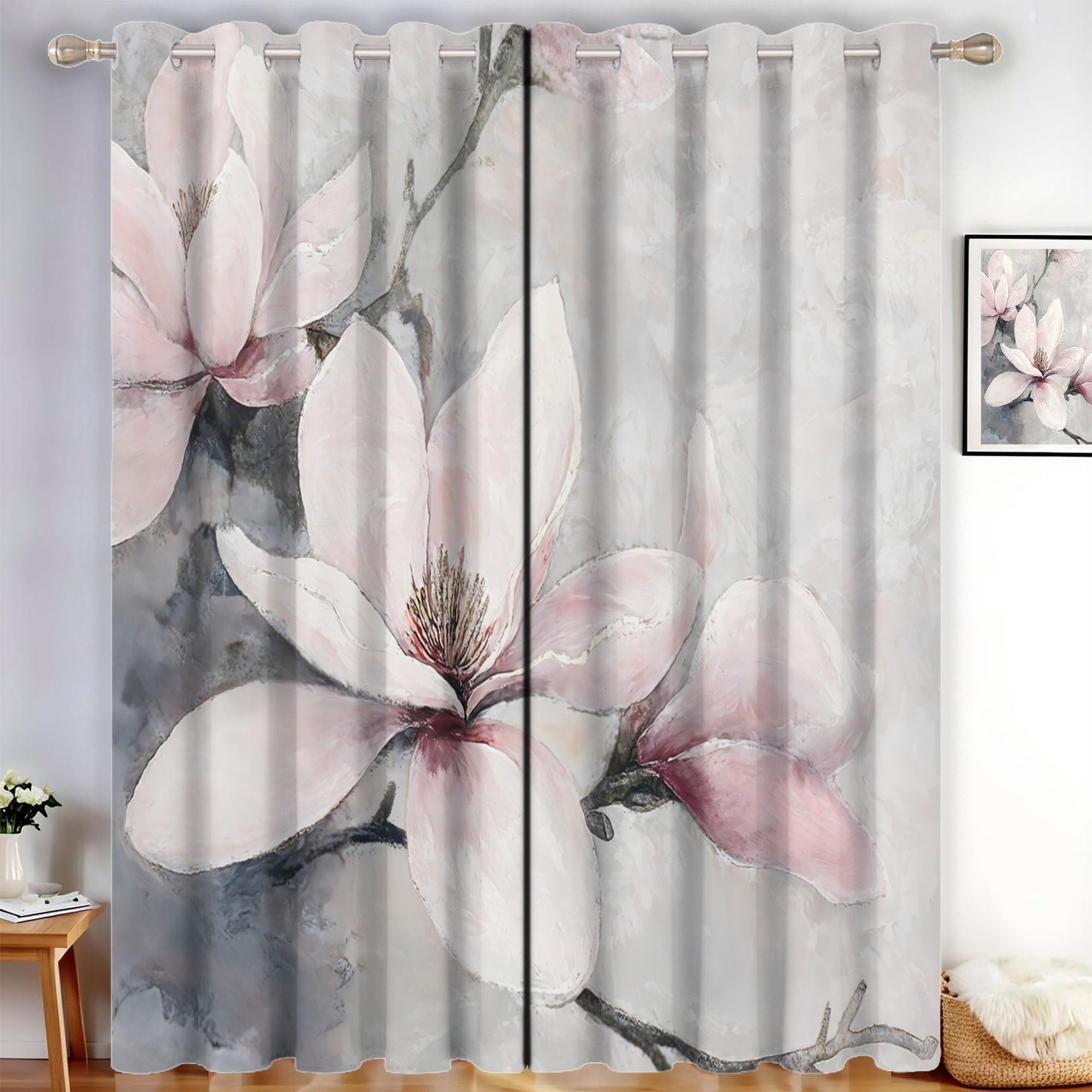 Magnolienblütenzweige Vorhänge, Retro Elegant Vorhang Blickdicht Thermo Verdunkelungsvorhänge Mit Ösen - Hellrosa Gardinen Wohnzimmer Schlafzimmer Fenster - H214 x B91.5 cm (2er Pack)
