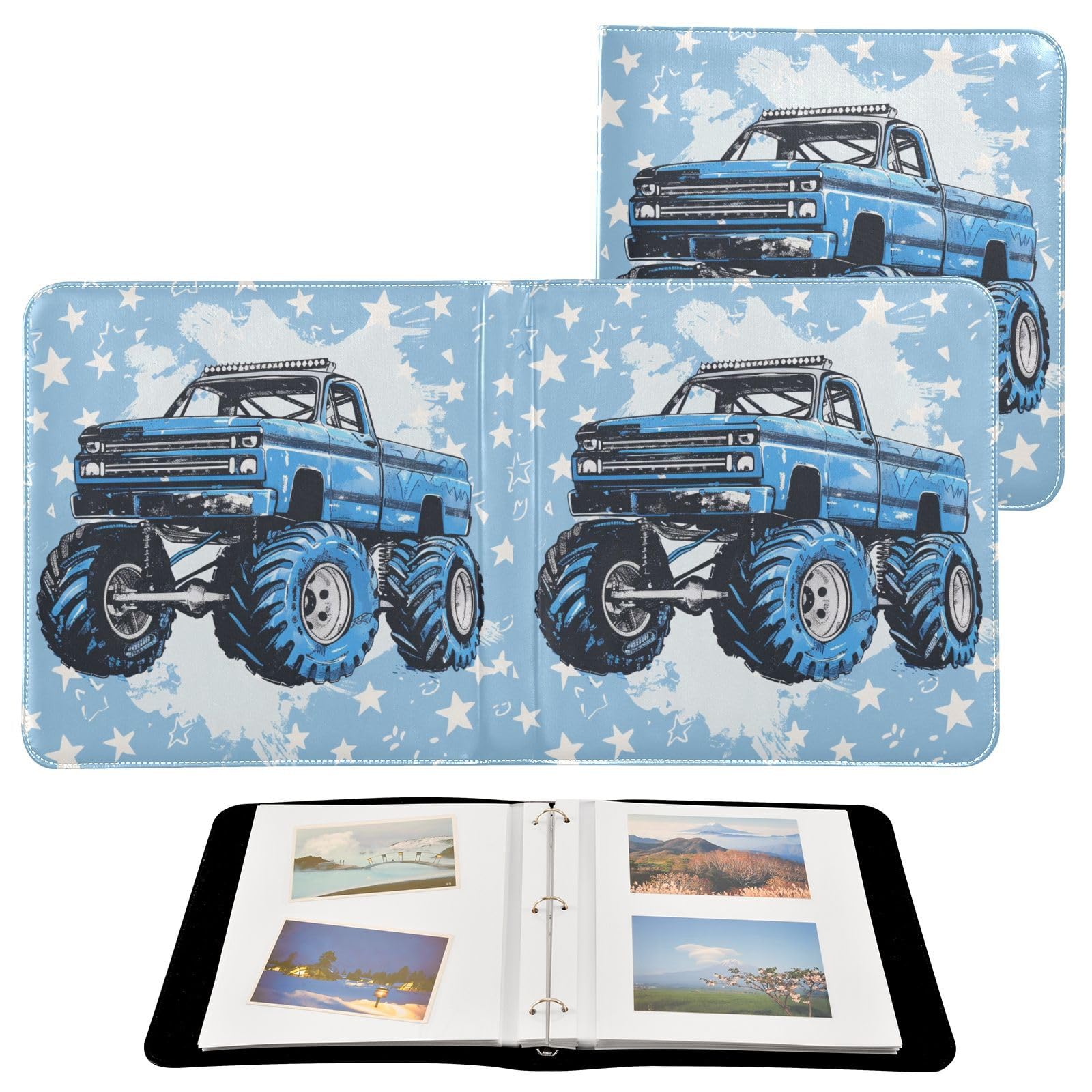 JIPONI Super Monster Truck Large Photo Album, DIY Leather Cover Scrapbook Albums for 4x6 5x7 6x8 Pictures, Self Adhesive Memory Book for Wedding, Baby, Family