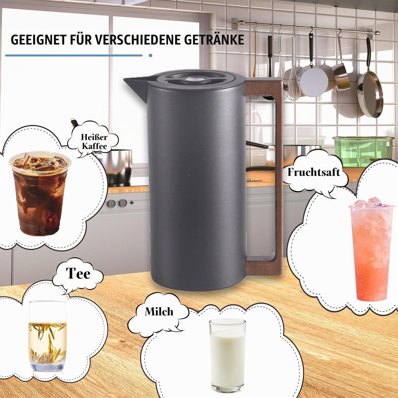 Thermoskanne Kaffeekannen Edelstahl Vakuum Isolations, Mit Holzgriff Und Einfachem Sicherheitsdruckknopf, Für Zuhause, Hotel, Büro (Schwarz,1.5L)