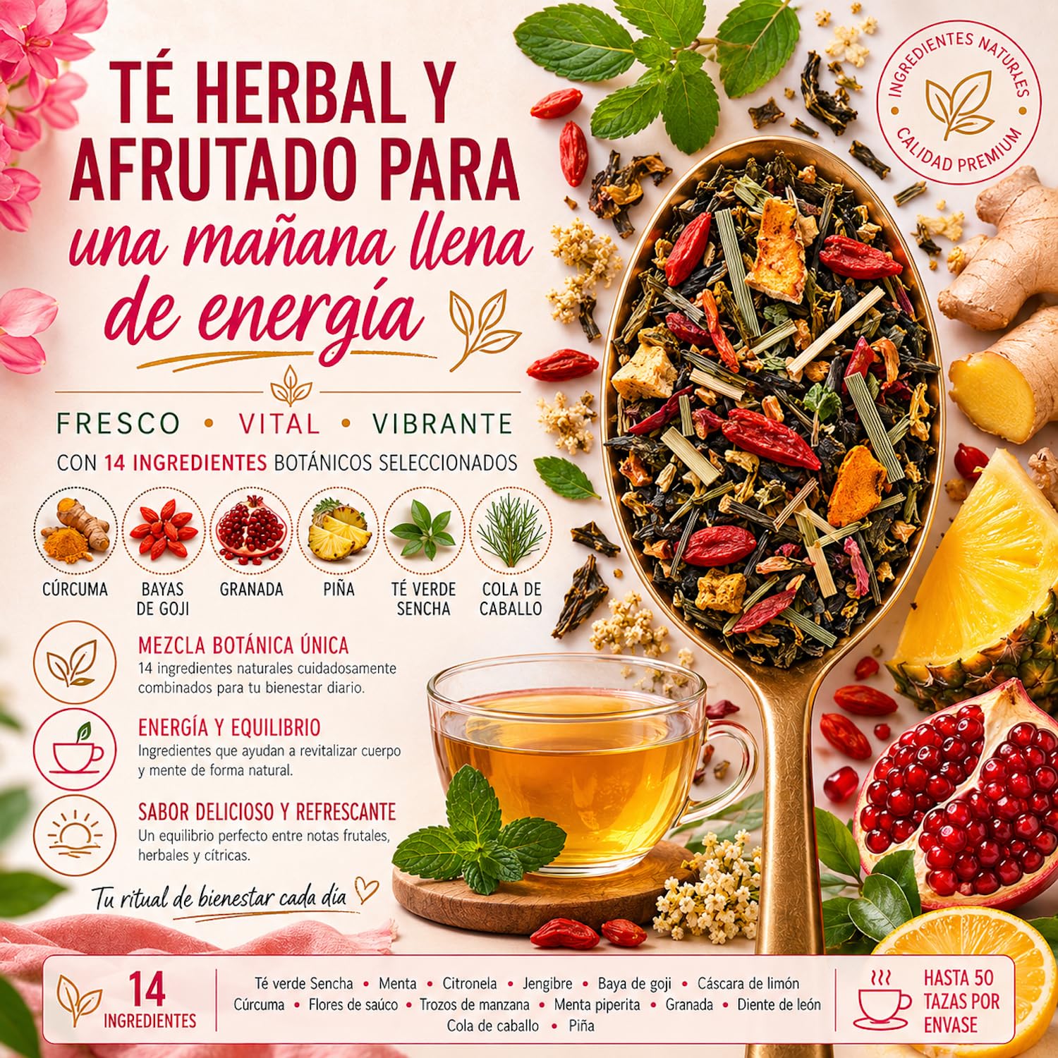 DETOX | Té Depurativo | Infusión drenante con efecto diuretico | Te Verde, Cola de Caballo, Diente de León, Curcuma, Jengibre, Bayas de Goji, Piña | Antioxidante Natural 100g