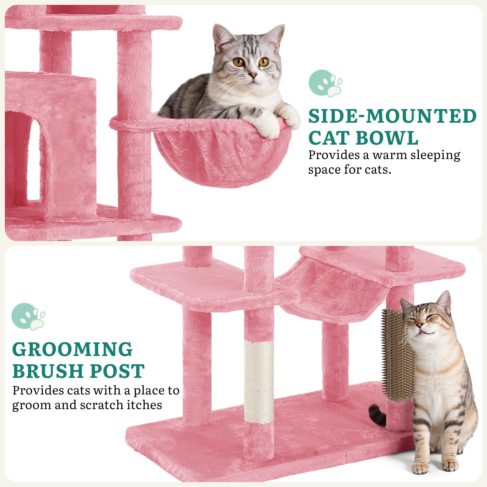 YITAHOME Rascador grande, altura 176 cm, árbol para gatos XL, rascador de varios niveles, rascador para gatos con 2 cuevas, 2 cestas, hamaca, bolas de peluche, cepillos para gatos, color rosa