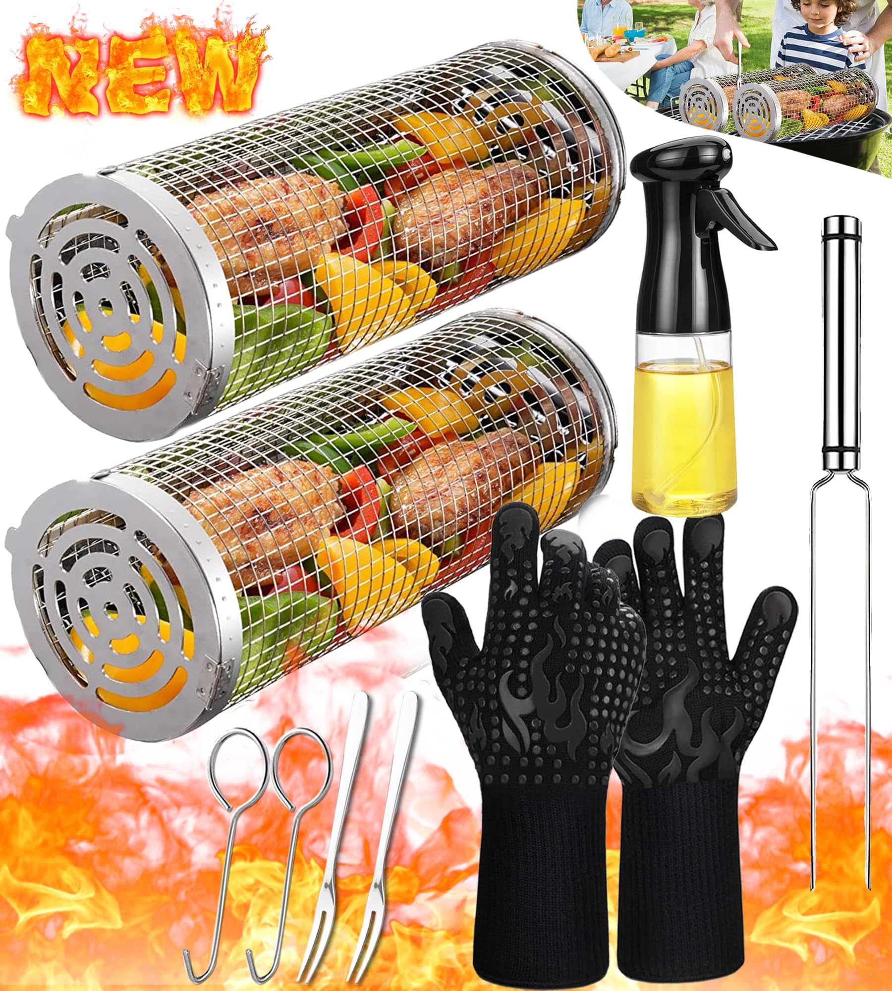 Amazon.com : Rolling Grilling Baskets for Outdoor Grill Bbq Net Tube ...