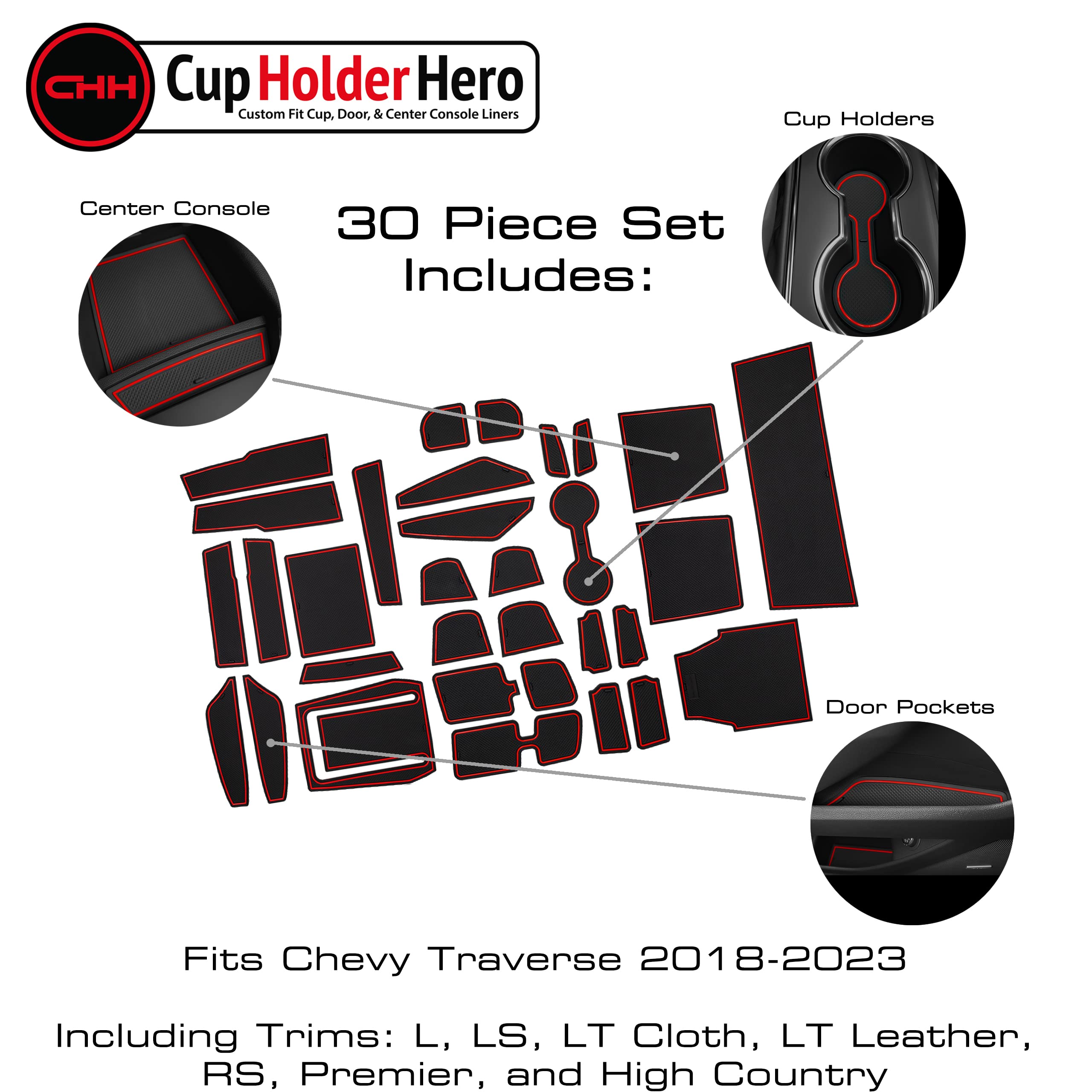 CupHolderHero Fits with Chevy Traverse Accessories 2018-2023 Custom Interior Non-Slip Anti Dust Cup Holder Inserts, Center Console Liner Mats, Door Pocket Liners 30pc Set (Red Trim)