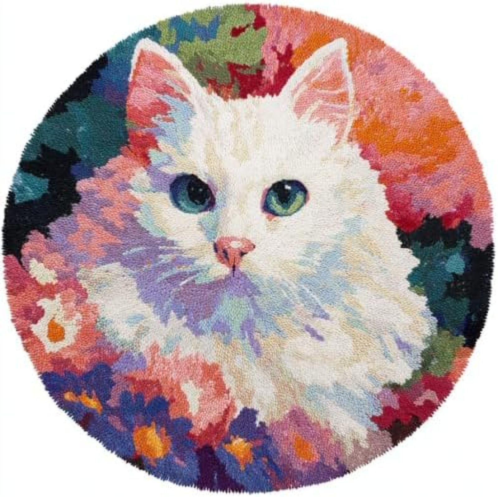 Latch Hook Rug Kit Turkish Angora Cat Portrait In Flowers Round Rug 52x52cm