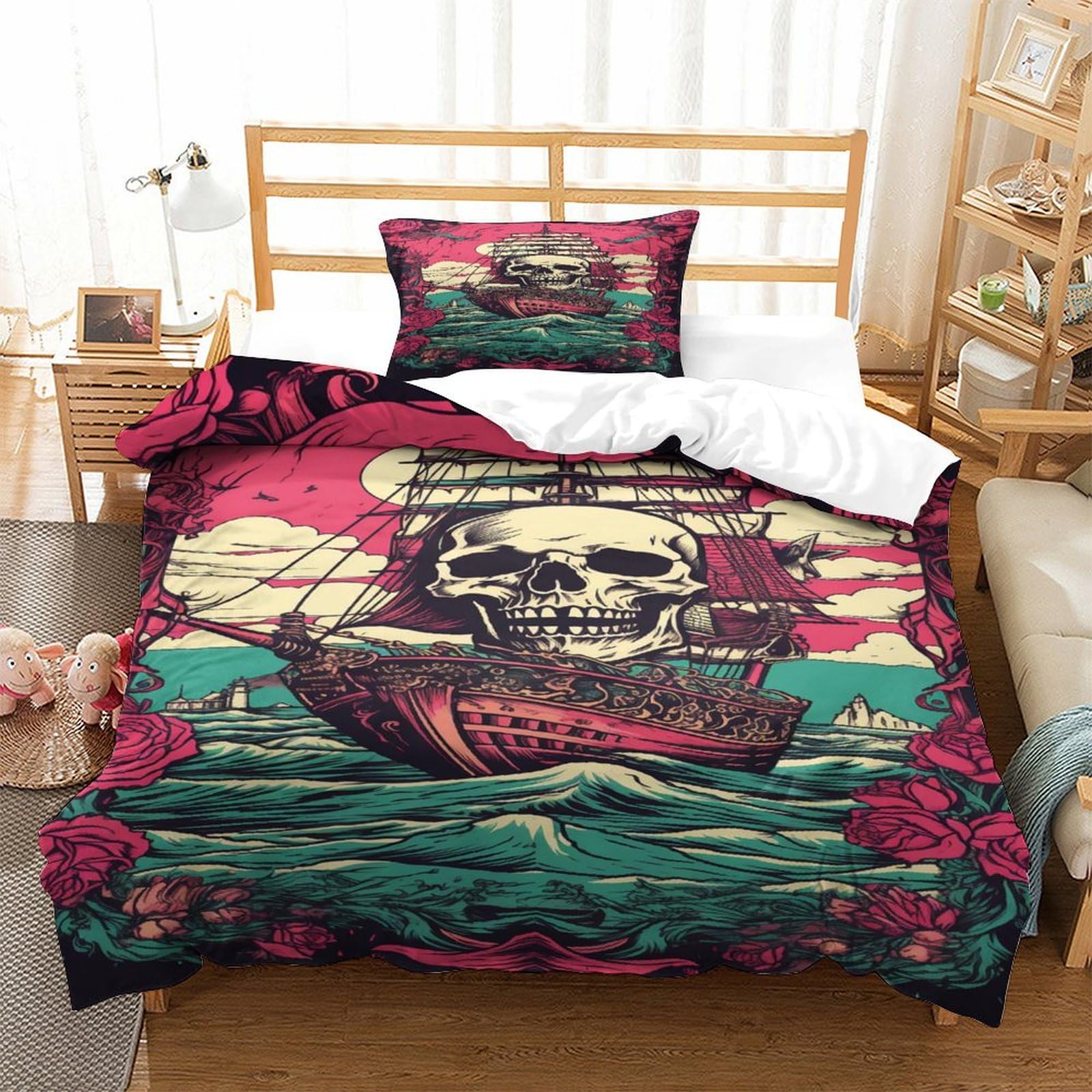 P1S9U7W5Y Vintage Skull Pirate 3D Printed Duvet Cover Set 3pcs Microfiber Pirate Bedding Set Single