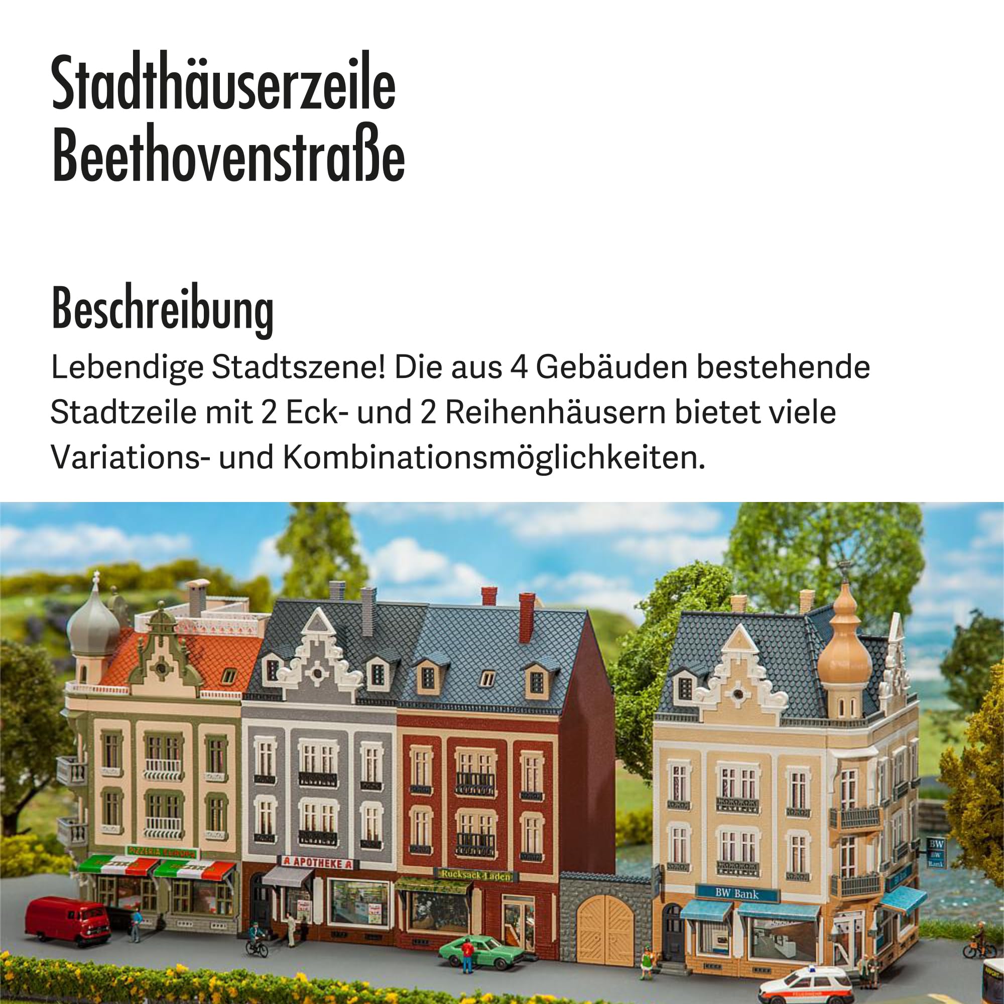 FALLER Stadthäuserzeile Beethovenstraße Modellbausatz mit 1084 Einzelteilen 298 x 75 x 123 mm I Modelleisenbahn Zubehör N I Modelleisenbahn N Stadt