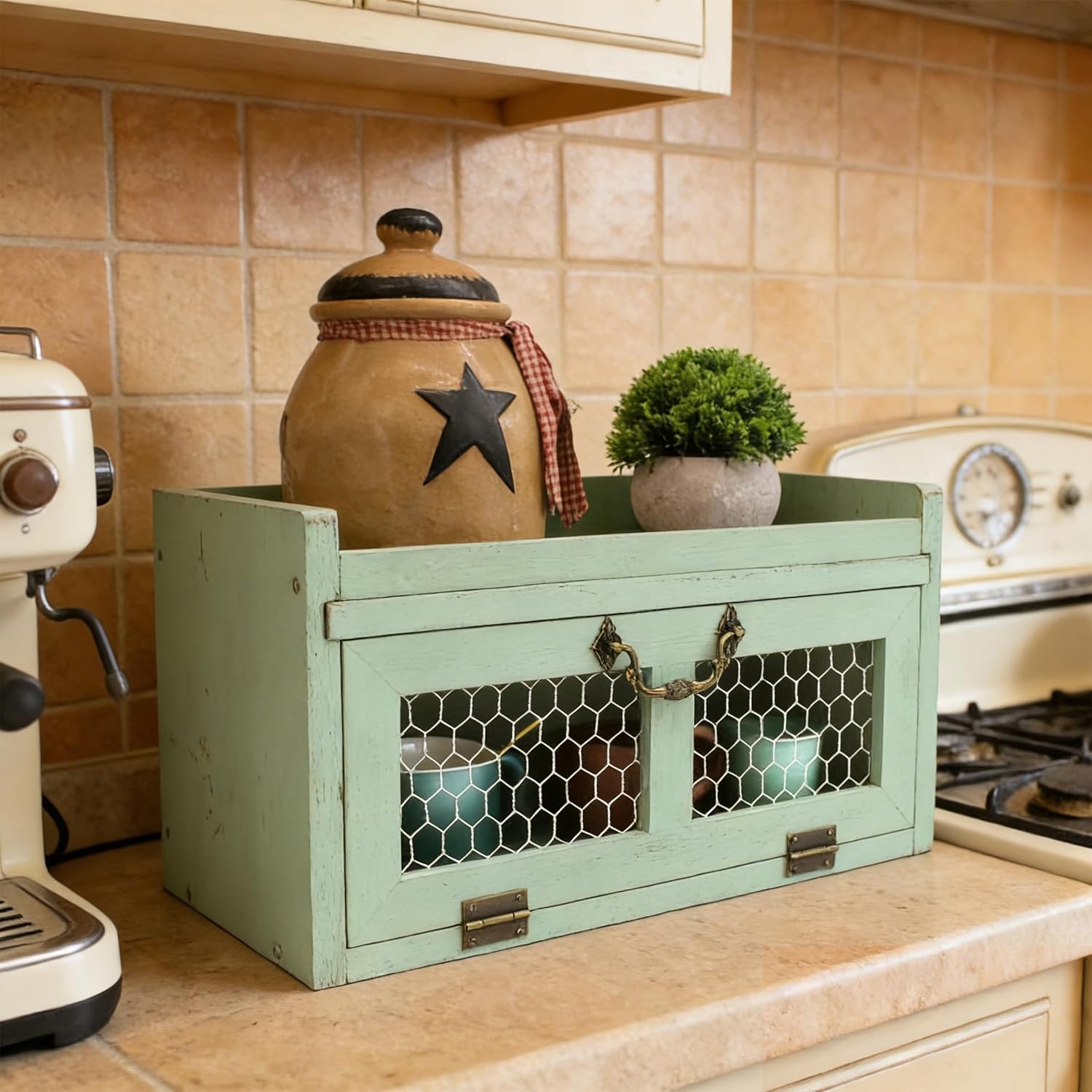 Farmhouse Countertop Storage Organizer, Rustic Wood Kitchen Cabinet with Chicken Wire, Kitchen Pantry Display Shelf, Country Vintage Style. Distress Teal