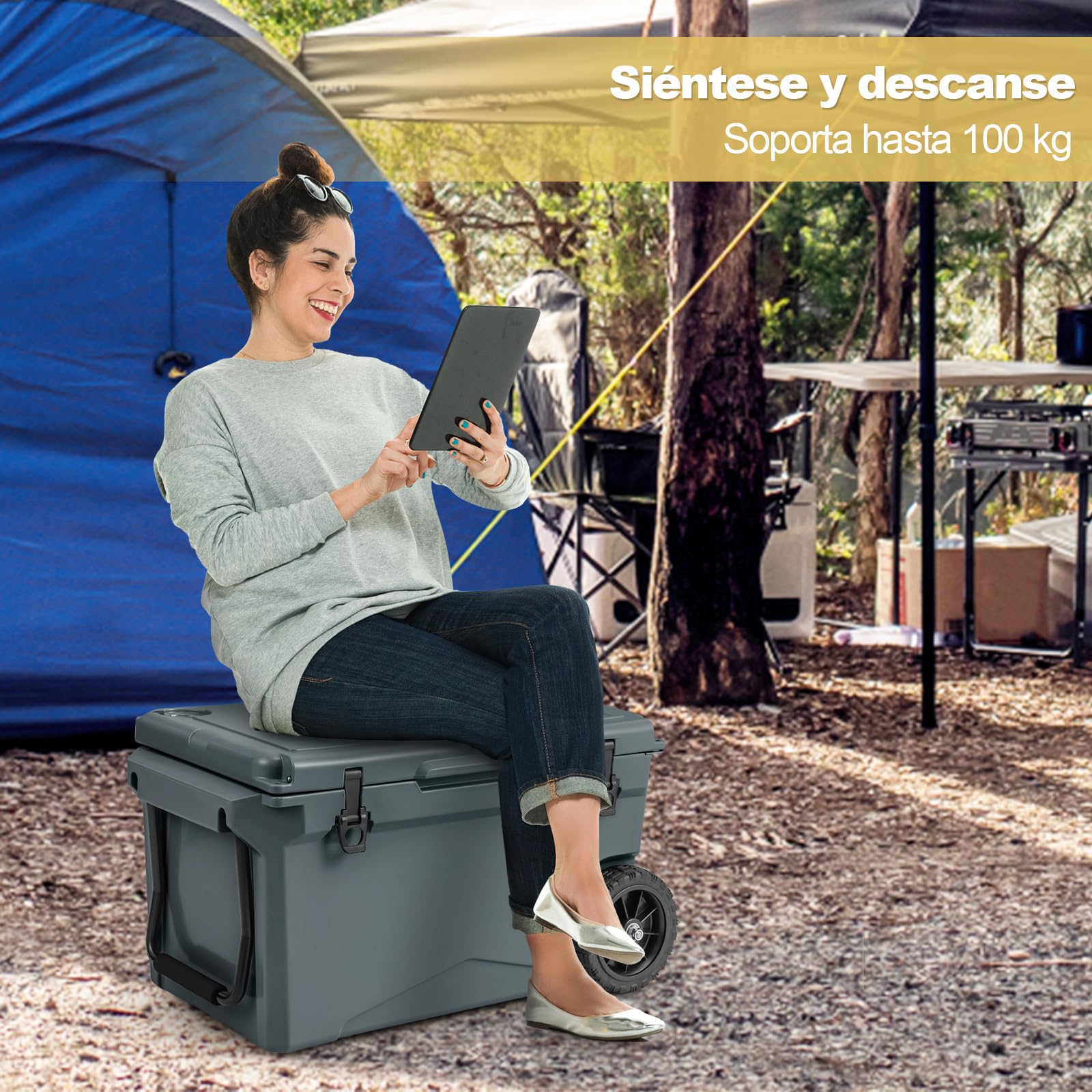 COSTWAY Enfriador Rotomoldeado, Hielera Portátil con Portavasos Integrados, Abridor de Botellas, Retención de Hielo Durante 5-7 Días, a Prueba de Fugas para Camping, Picnic, Pesca