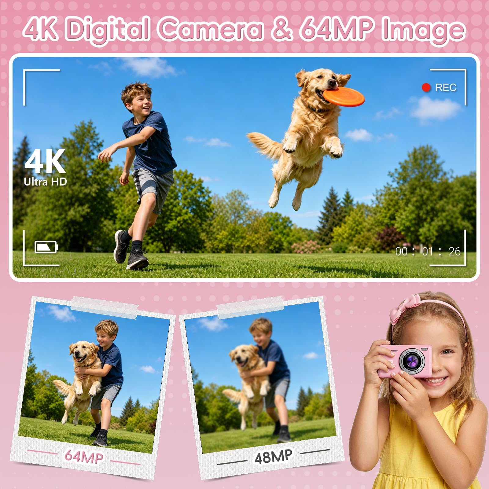 Macchina Fotografica Digitale 64MP 4K Fotocamera Digitale con Zoom Digitale 16X Ricaricabile Macchina Digitale Compatta con Scheda da 32GB per Bambini Studenti Principianti (Rosa)
