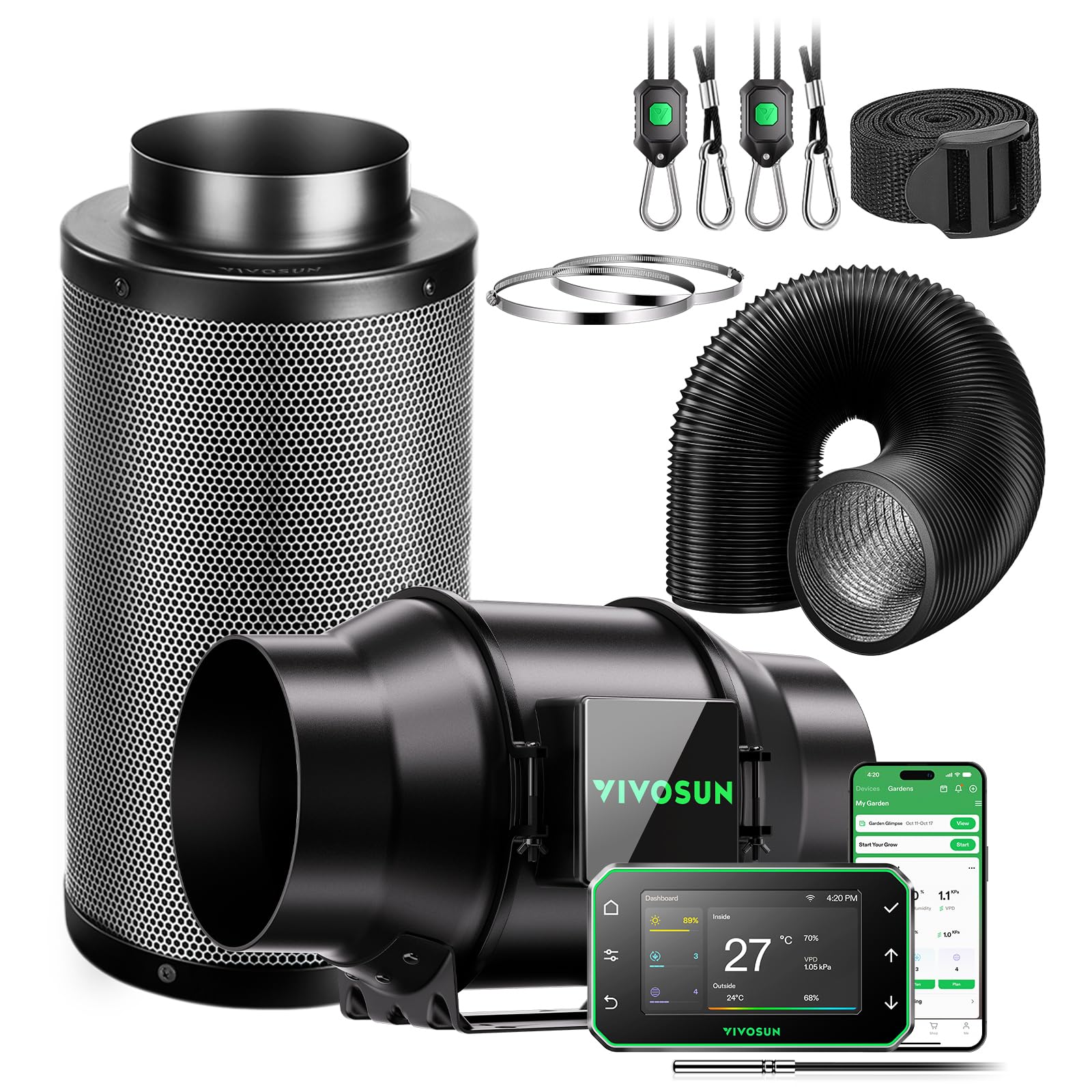 VIVOSUN 6"Smart Air Filtration PRO G6 Kit, 150mm AeroZesh G6 Inline Duct Fan w/GrowHub E42A+ Temp. Humidity WiFi-Controller, Carbon Filter & Ducting, Cooling & Ventilation System for Grow Tent