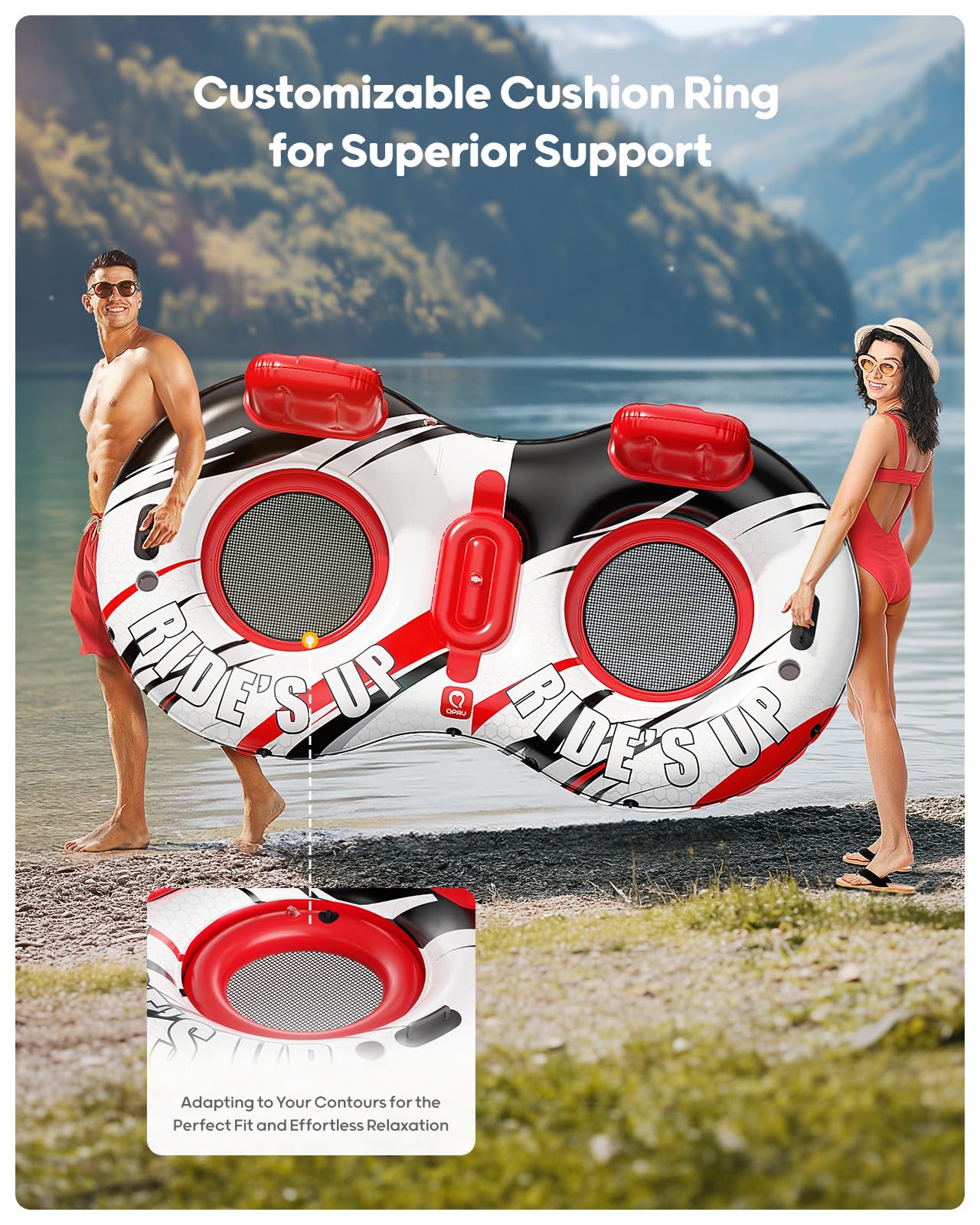 'QPAU Inflatable Double River Tube, 2 Person 660lb Capacity, Puncture-Resistant 93'' Sturdy Heavy Duty River Float, River Raft with Ergonomic Backrest, Cooler & Cup Holders for Family'