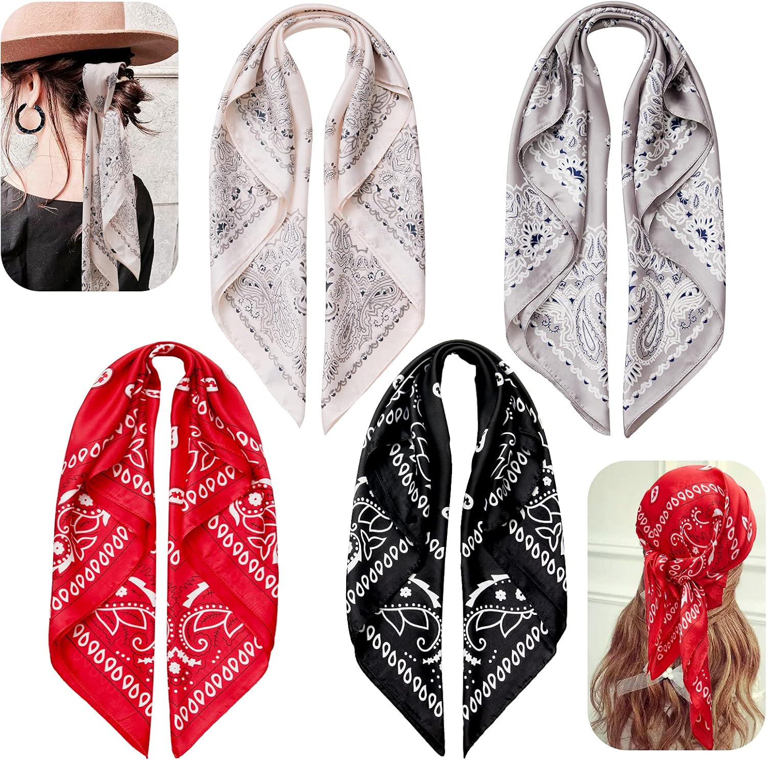 4 Pcs Large Head Scarf,27'' Hair Scarf,Satin Headband Scarf,Square Silk Scarves,Bandana Silk Headbands For Women