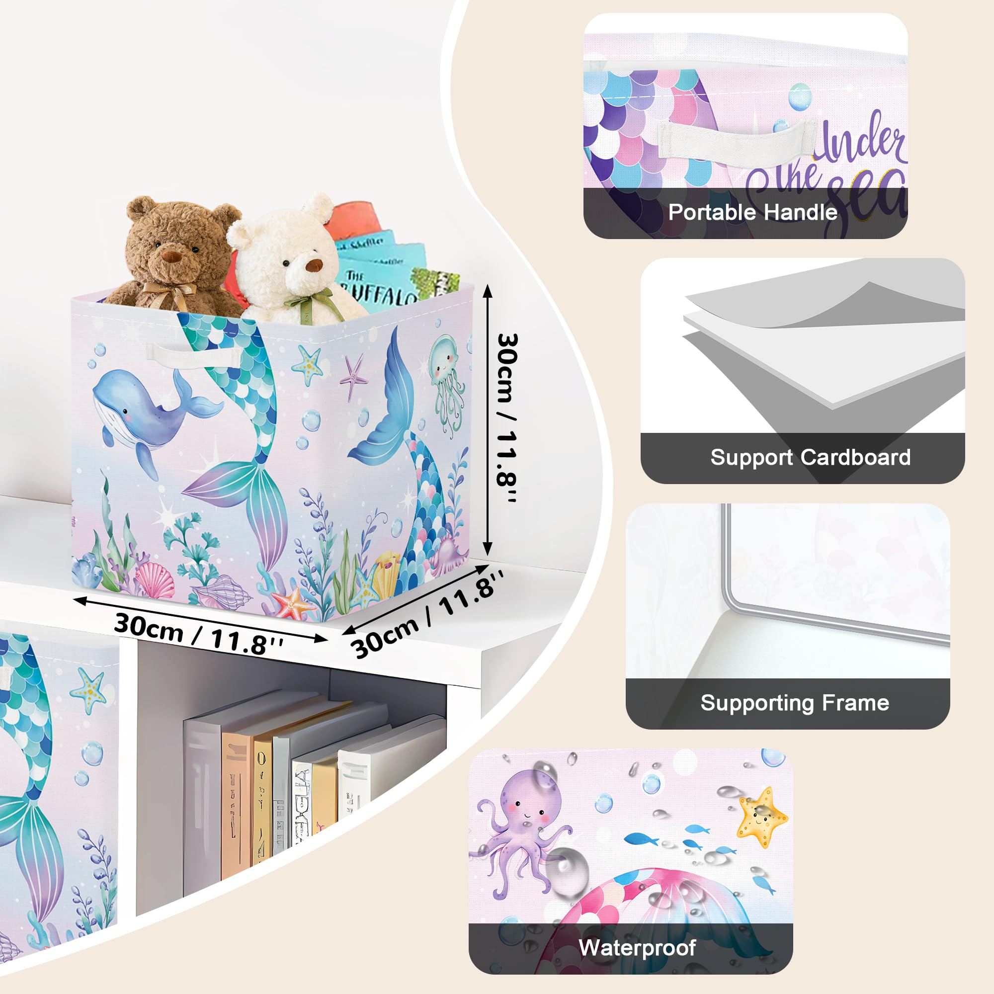 Clastyle Lot de 3 Boite Rangement Tissu Enfant Queue Sirène Cube de Rangement Pliable Filles Panier Kallax pour Salle de Bain,Algue Colorée,30x30x30 cm