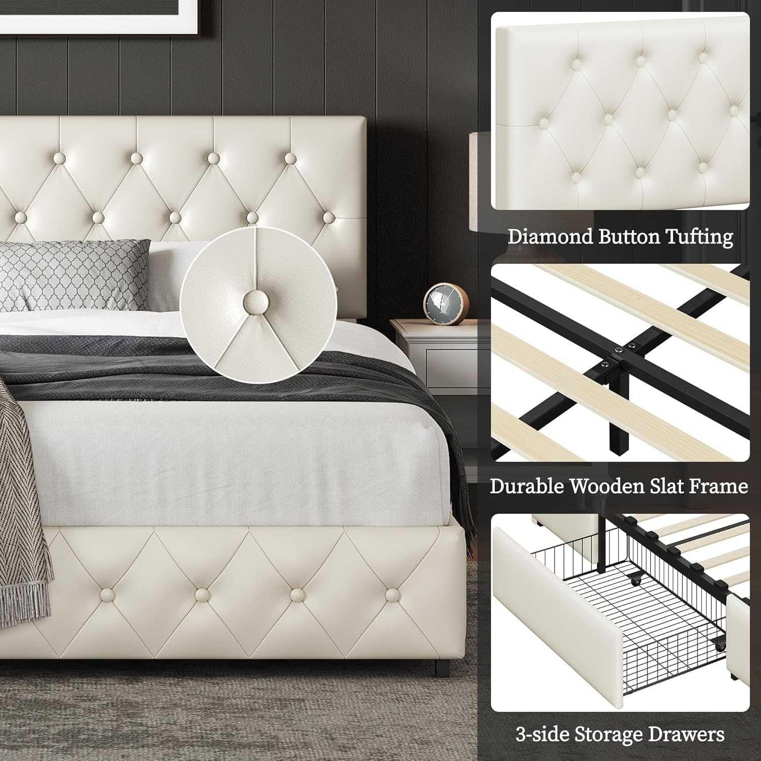 Diagram showing the clearance between the bed frame and a nightstand for drawer access