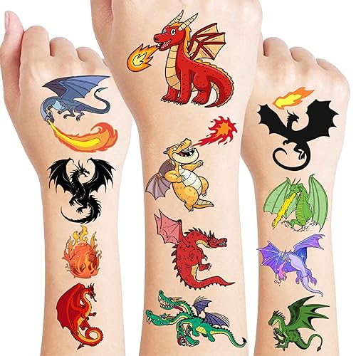 Miniatura 1 de Tatuajes temporales de dragón, suministros de fiesta de cumpleaños, decoraciones de caballero dragón, súper lindo, 88 calcomanías de tatuajes falsos