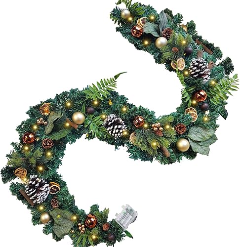WANNA-CUL Guirnalda de Navidad preiluminada de 6 pies  72 pulgadas con luces decorativas para repisa con adornos de bolas de Navidad de cobre dorado