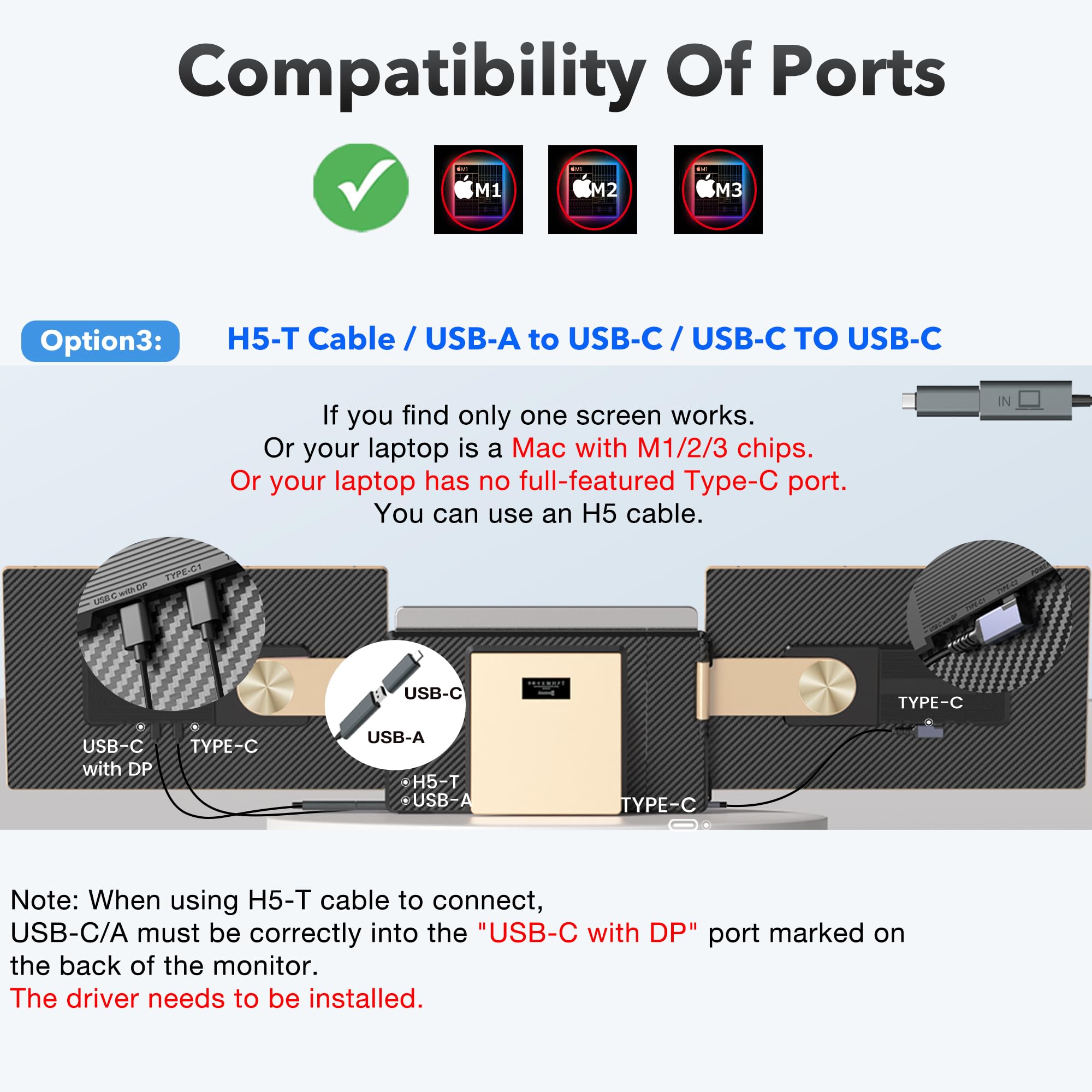 Kwumsy Monitor Portatile Per Laptop-15.6'' Schermo Portatile Per Laptop Adatto A Tutte Le Dimensioni Di Laptop, Triplo Monitor Con Ruotabile 90°-235°&Plug And Play Per Wins/Mac/PC(Tipo-C/HDMI/H5-T)