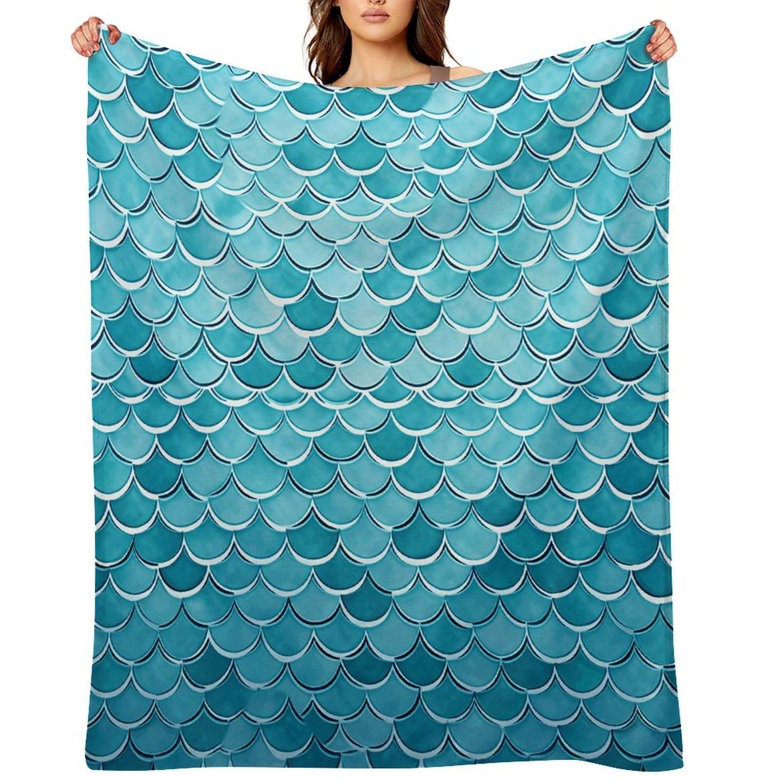 Blue Waves Squama Mermaid Scale Throw Blanket for Couch and Bed Super Soft Warm Lightweight Throw Blankets Cozy Fuzzy Flannel Blanket Personalized Decorative Blankets for Sofa Decor 40"x50"
