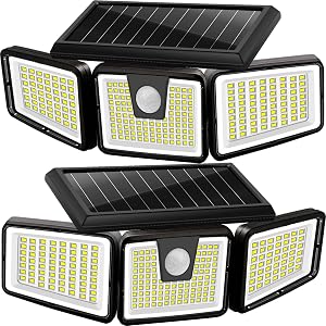 AmeriTop Solar Lights Outdoor, 2 Pack 233 LED High Brightness Cordless Solar Motion Sensor Lights; 3 Adjustable Heads, 270° Wide Angle Illumination, IP65 Waterproof, Security LED Flood Light(Daylight)