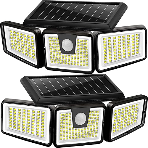 AmeriTop Solar Lights Outdoor, 2 Pack 233 LED High Brightness Cordless Solar Motion Sensor Lights; 3 Adjustable Heads, 270° Wide Angle Illumination, IP65 Waterproof, Security LED Flood Light(Daylight)