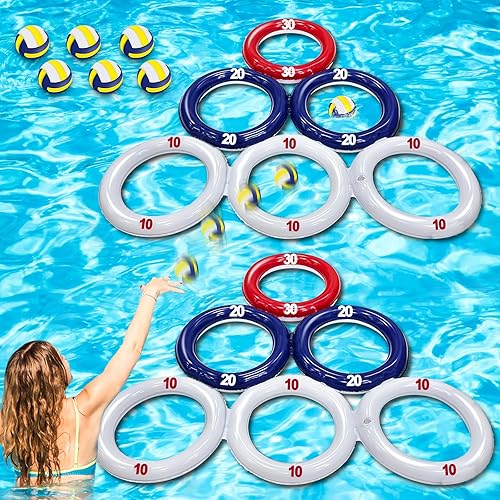 TURNMEON Paquete de 2 juguetes inflables de piscina para el 4 de julio, triángulo flotante para deportes acuáticos, juguetes de piscina con 6 bolas