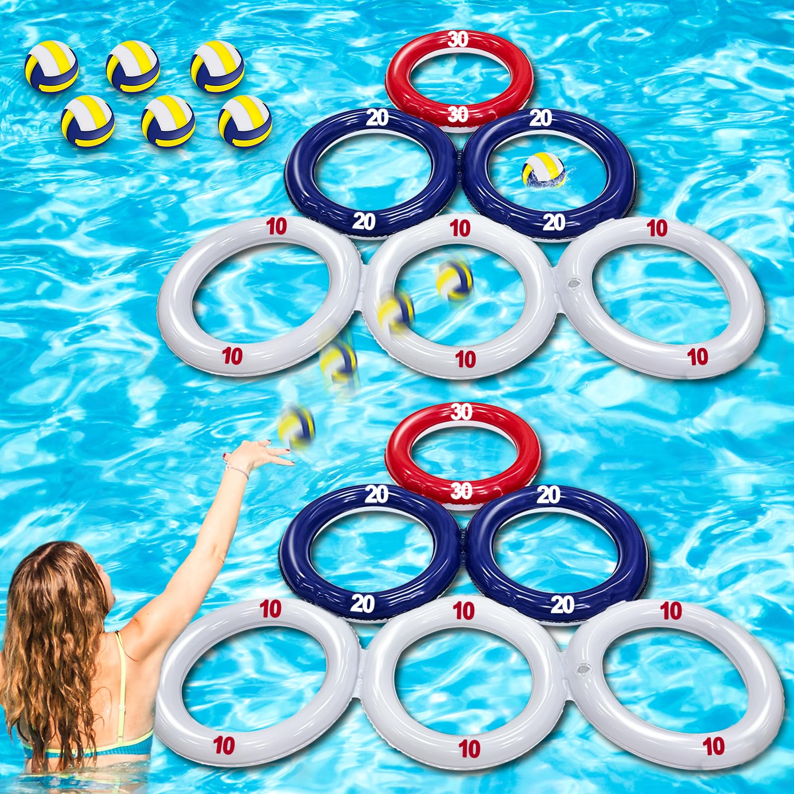 TURNMEON 2 Pack 4th of July Inflatable Pool Toys Games with Score, Triangle Floating Water Sports Pool Toys with 6 Colorful Tossing Balls for Boys Girls Adults Independence Day Party Carnival Parade