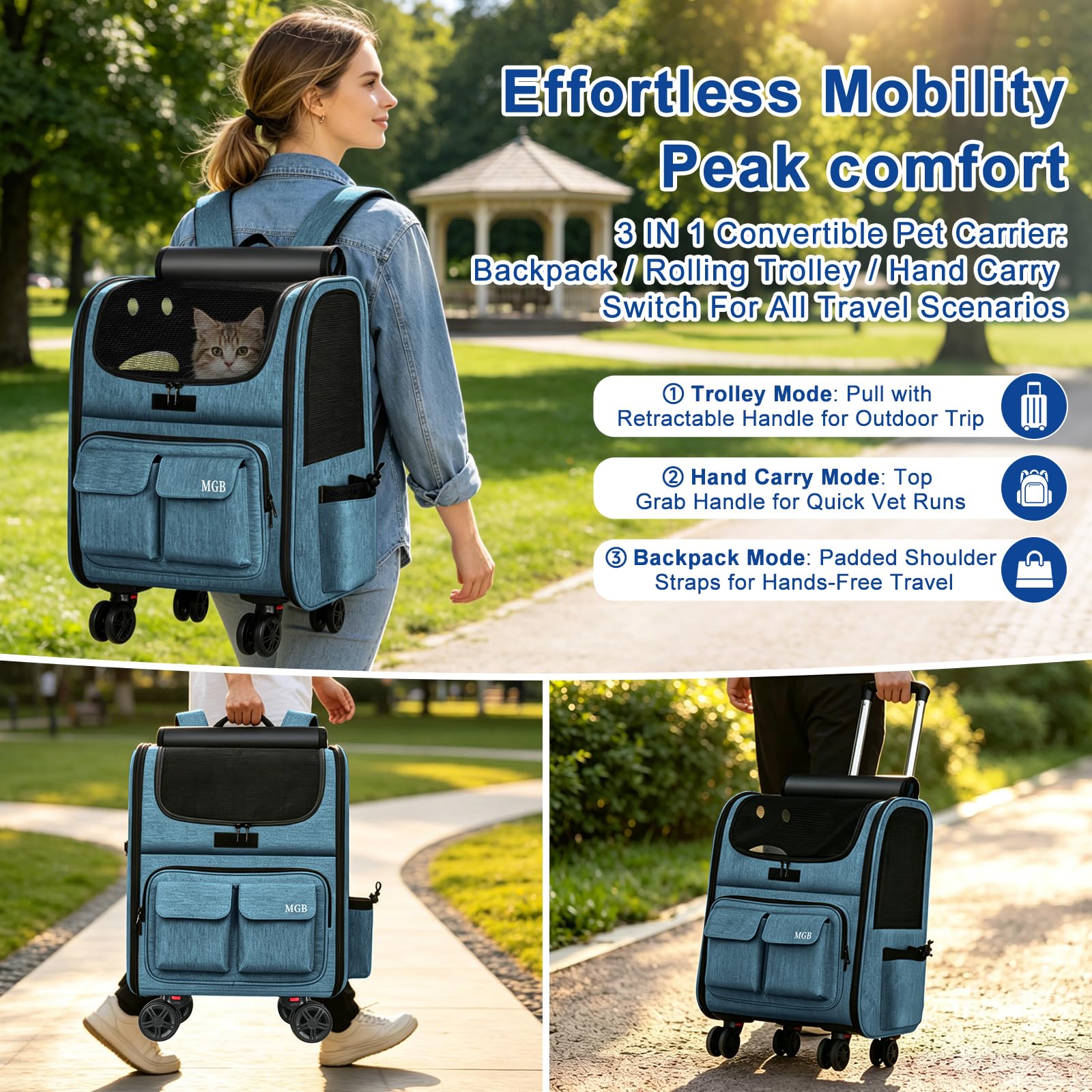 Mochila transportadora para gatos con ruedas, plegable, de lados suaves, para gatos y perros pequeños, malla transpirable con protección solar, portátil para acampar y caminar, color azul