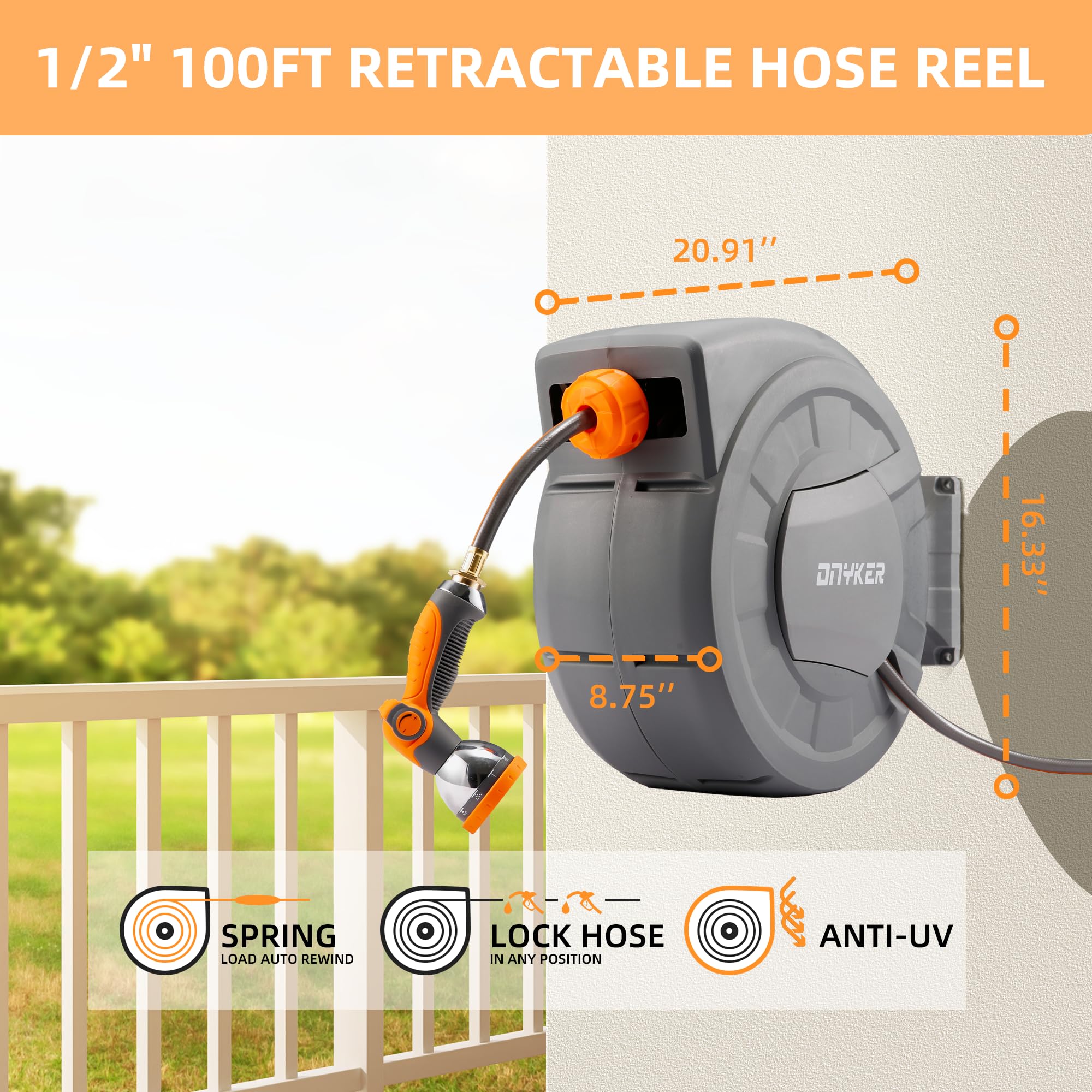 Carrete retráctil para manguera de jardín, carrete de manguera de agua de 1/2 pulgada x 100 pies montado en la pared, bloqueo de cualquier longitud, rebobinado automático lento, soporte