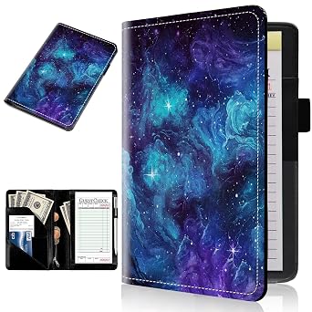 Server Books for Waitress Leather Waitress Book Server with Zipper Money Pocket Cute Blue Sky Galaxy Pattern Design Serving Book Guest Check Book Holder Fits Server Apron