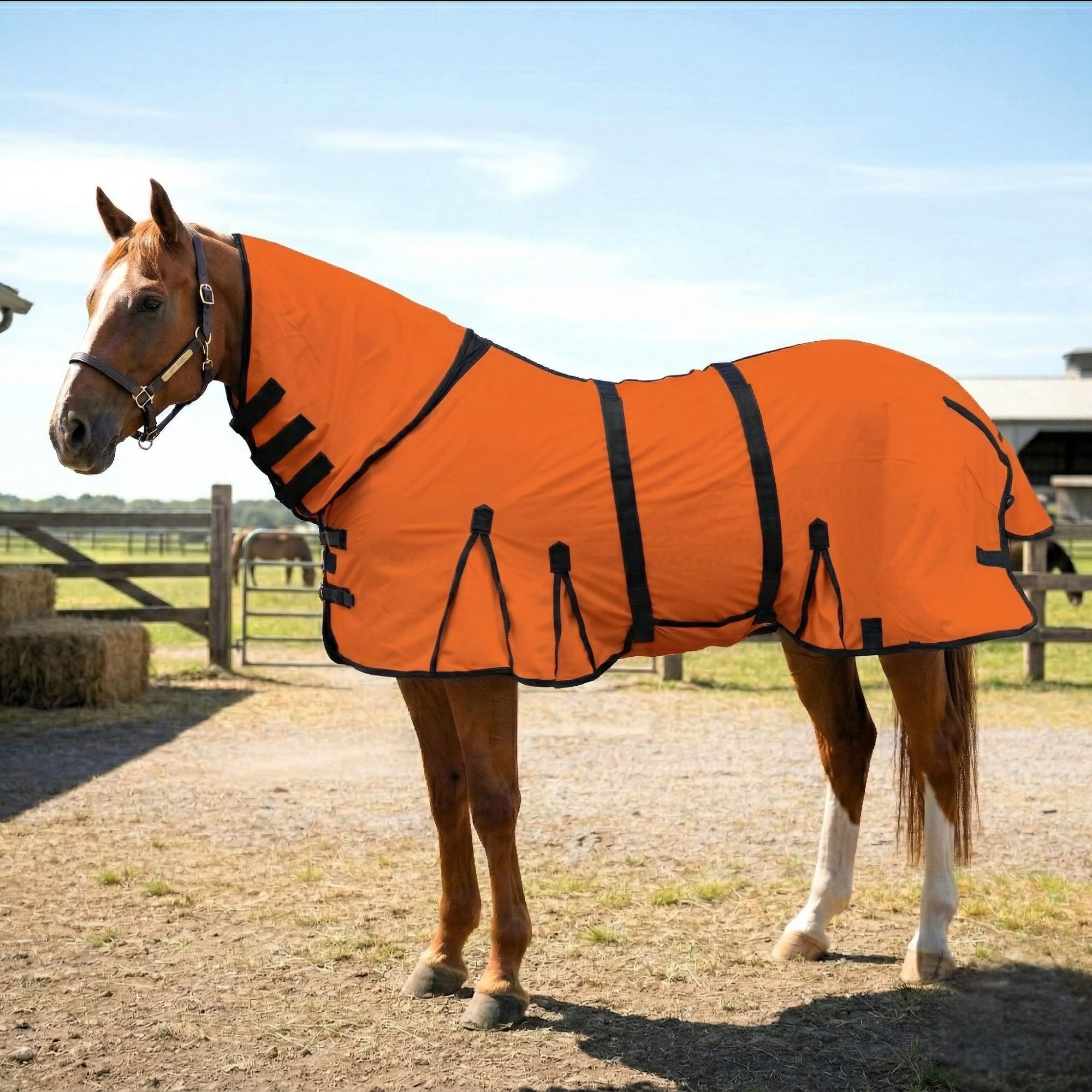 Horse Fly Sheet with Attached Neck Cover &amp; Tail Flap | UV Protection Mesh Horse Blanket, Full Body Bug &amp; Sun Shield, Buckles, Belly Wrap &amp; Gussets for Spring Summer Riding Rug (Orange, 60)