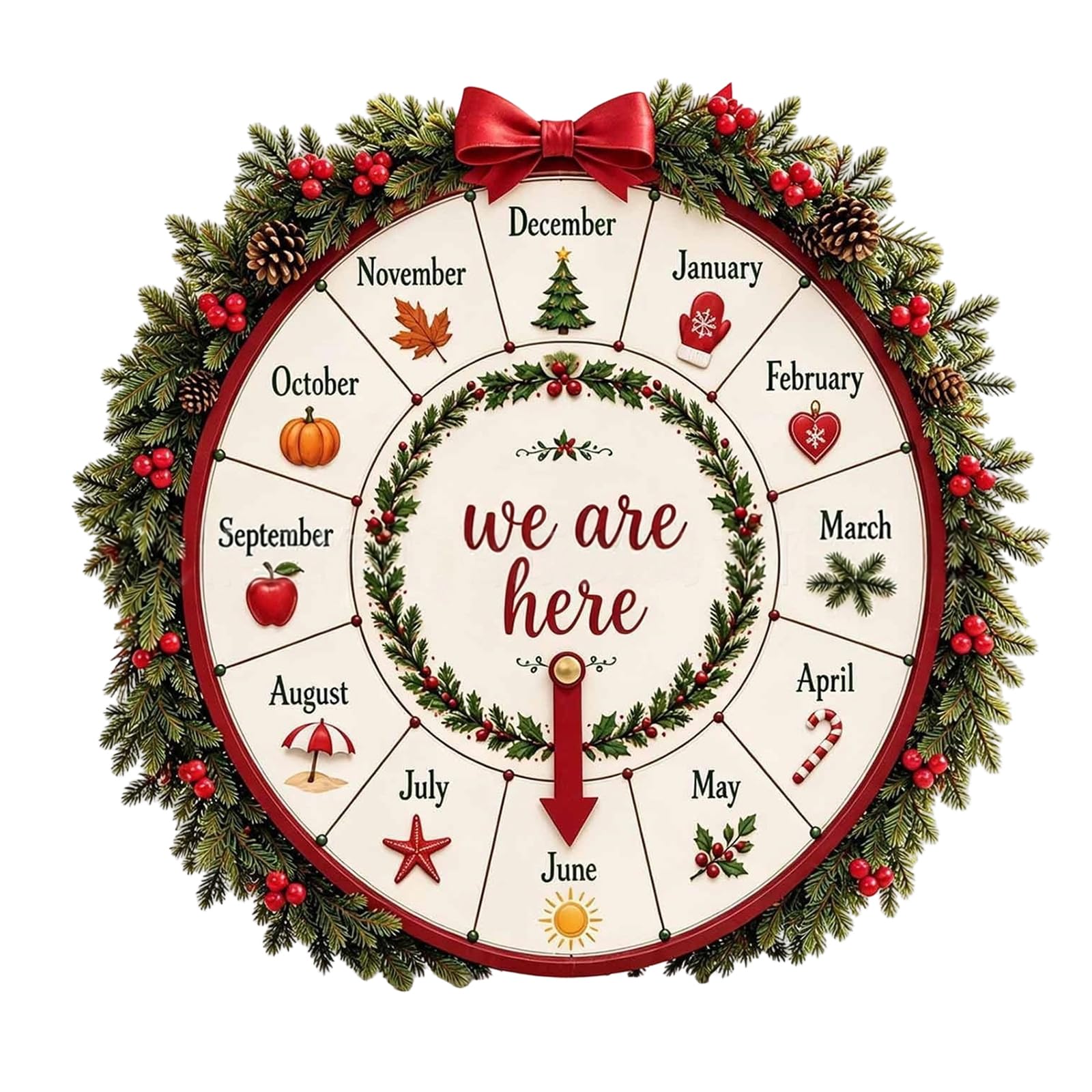 Rueda de cuenta regresiva de madera para decoración de navideña con puntero móvil, acento gráfico navideño en para estante, repisa, entrada, decoración de rueda de Adviento, cartel de de