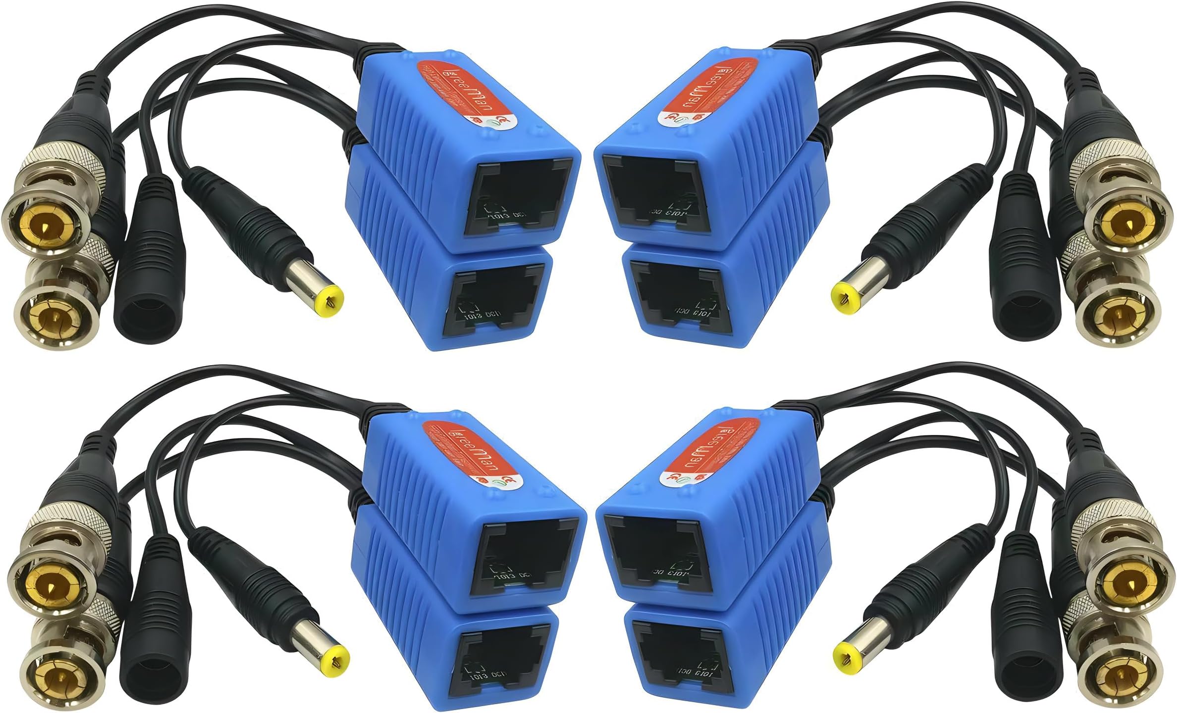 Igreeman 4 Pair Passive Video Balun BNC to RJ45 Adapter with Power, 1080P-8MP Surveillance Analog Camera Ethernet Cable Transceiver, Cat5e/Cat6 Cable to BNC Male Connector- Weatherproof for Outdoor