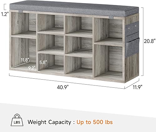Miniatura 3 de GAOMON Banco de almacenamiento de zapatos de entrada con 10 cubículos, zapatero con cojín, estante ajustable de 3 niveles para entrada, sala de