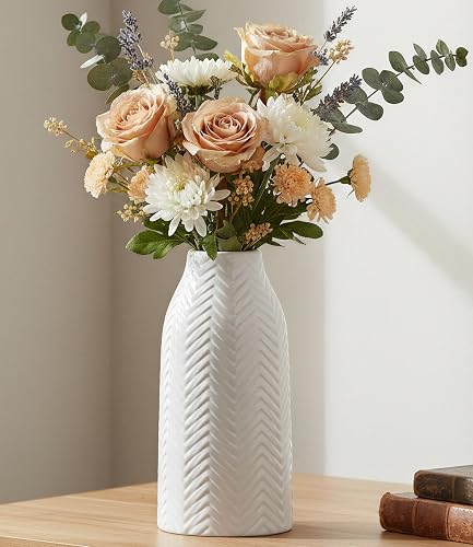 hjn White Vase for Flowers Ceramic Vase for Decor, Modern Decorative Tall Vases for Your Kitchen/Office/Living Room/Bookshelf/Mantel - White Texture(Medium)