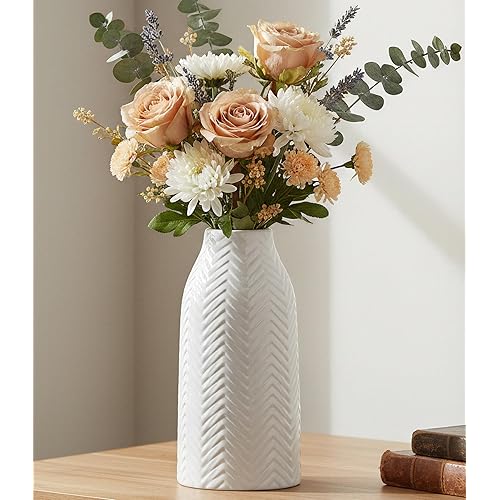 hjn White Vase for Flowers Ceramic Vase for Decor, Modern Decorative Tall Vases for Your Kitchen/Office/Living Room/Bookshelf/Mantel - White Texture(Medium