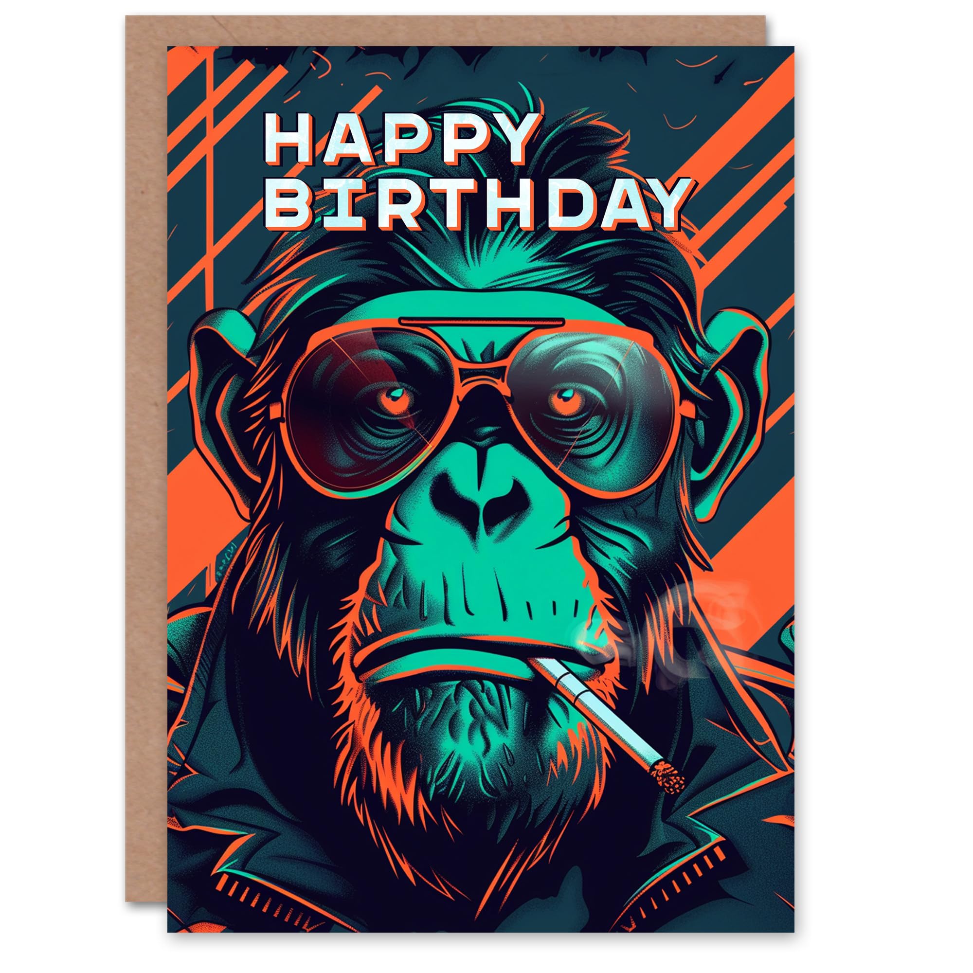 Artery8 Birthday Card Biker Chimp Neon Cyberpunk 1980s For Him Man Male Dad Brother Son Papa Grandad Greeting Card