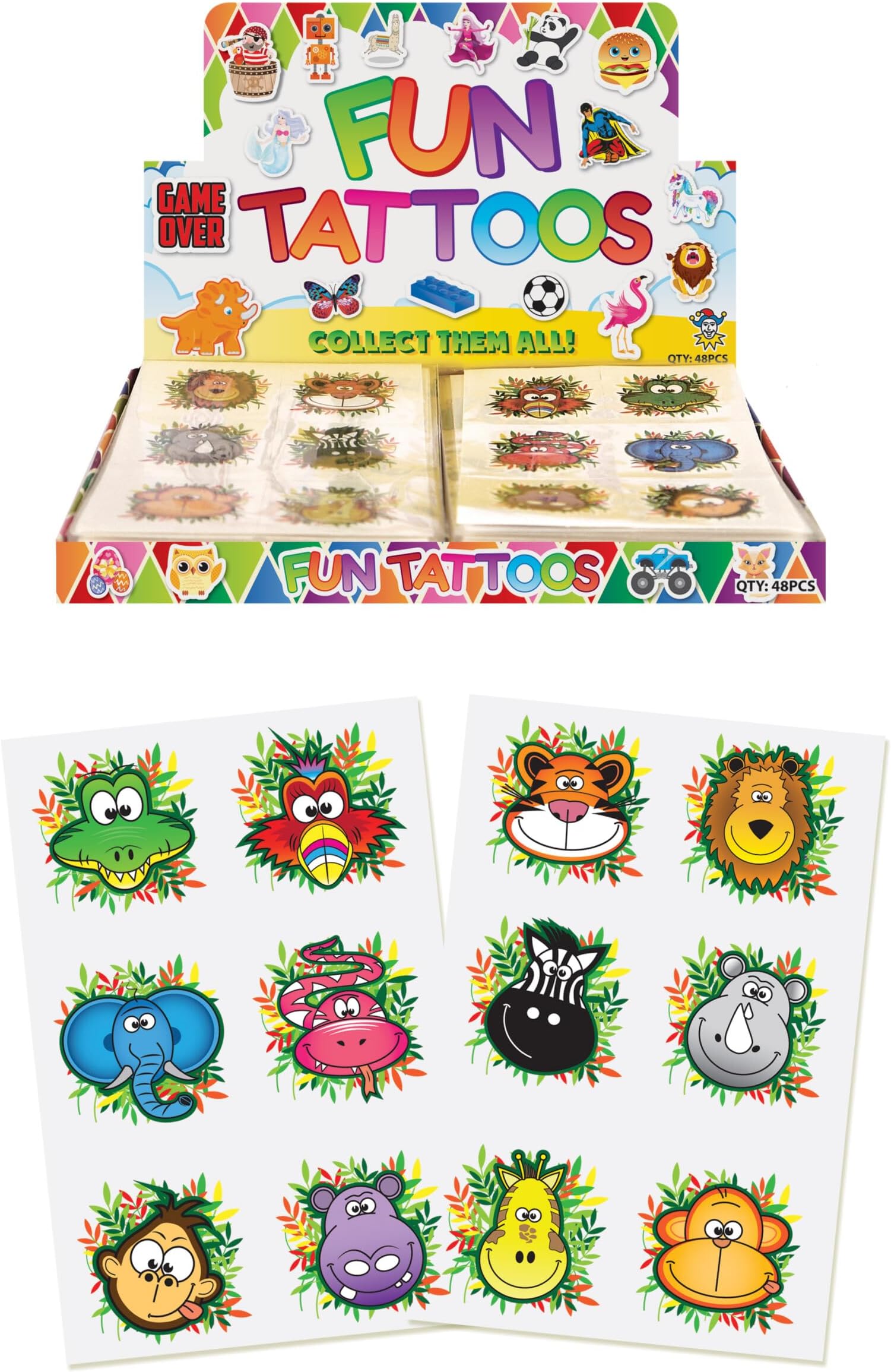 Henbrandt Mini Jungle Animal Temporary Tattoos for Children 12pc Packs Kids Party Bag Favours Loot Bag Fillers Lucky Dip Animal Party Favours for Boys and Girls