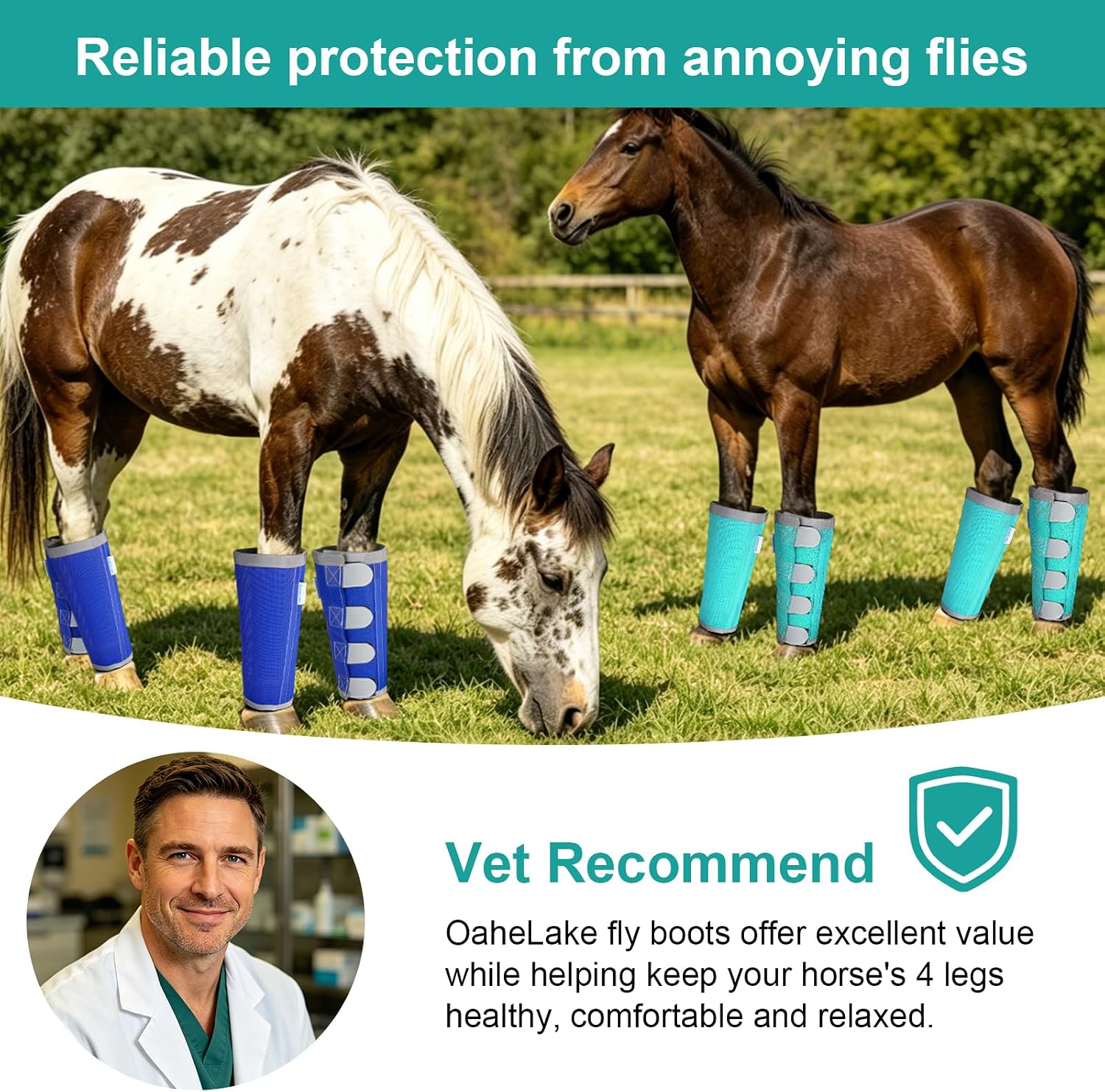 Reflective Horse Fly Boots Set of 4, Loose Fitting Leggings for Horses, Equine Fly Leg Wraps Socks for 4 Legs, Breathable Adjustable and Universal Fit, Reliable Stay Put and on (Mint)