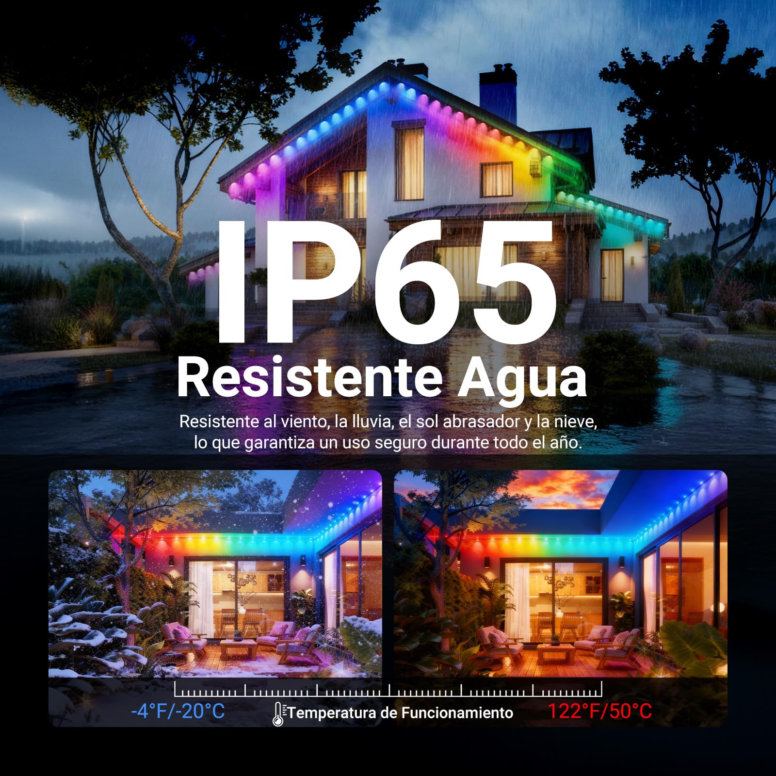 NEEWER Guirnalda Exterior Permanente 96ft RGB IC Blanco Frío Cálido Control App,60 Luces LED IP65 Impermeable 50+ Escenas Decoración Navidad Compatible Alexa ，NR02
