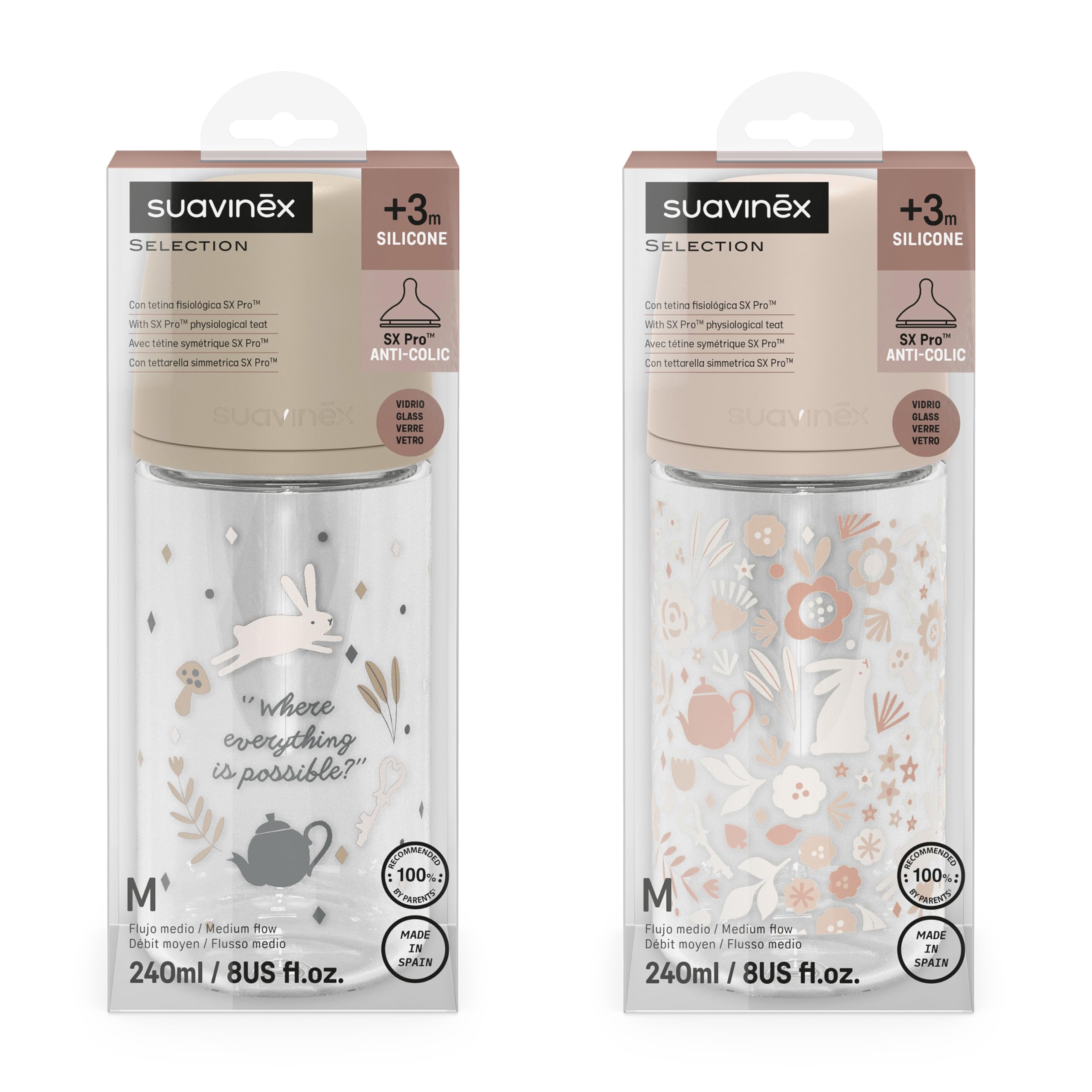 Suavinex, Confezione Biberon in Vetro da 240 ml. SX Pro Biberon simmetrica in silicone, Anti-colica, Biberon a flusso medio (M), Per bambini +3 mesi, Wonder Rosa, Beige