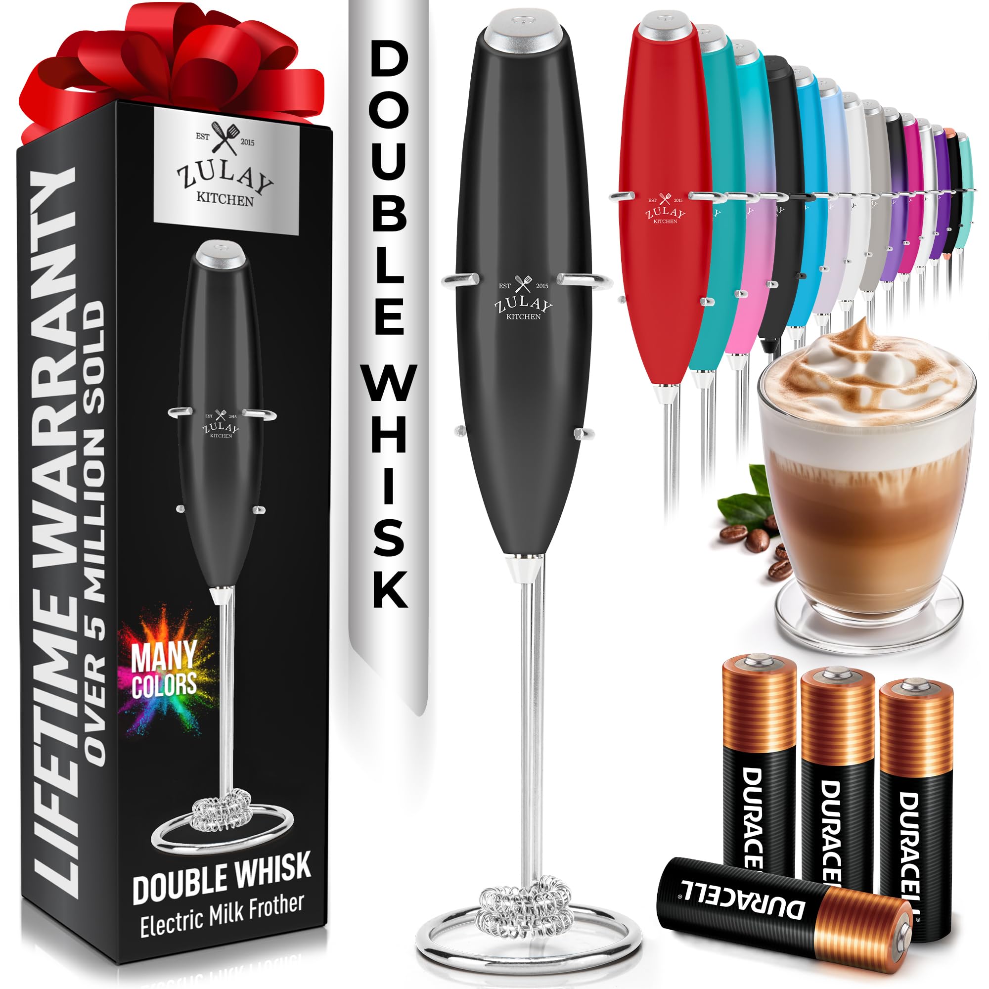 Zulay Kitchen Powerful Milk Frother Wand With Duracell Batteries - Ultra Fast Handheld Drink Mixer - Electric Whisk Foam Maker for Coffee, Lattes, Cappuccino &amp; Matcha - Double Whisk - Metallic Black