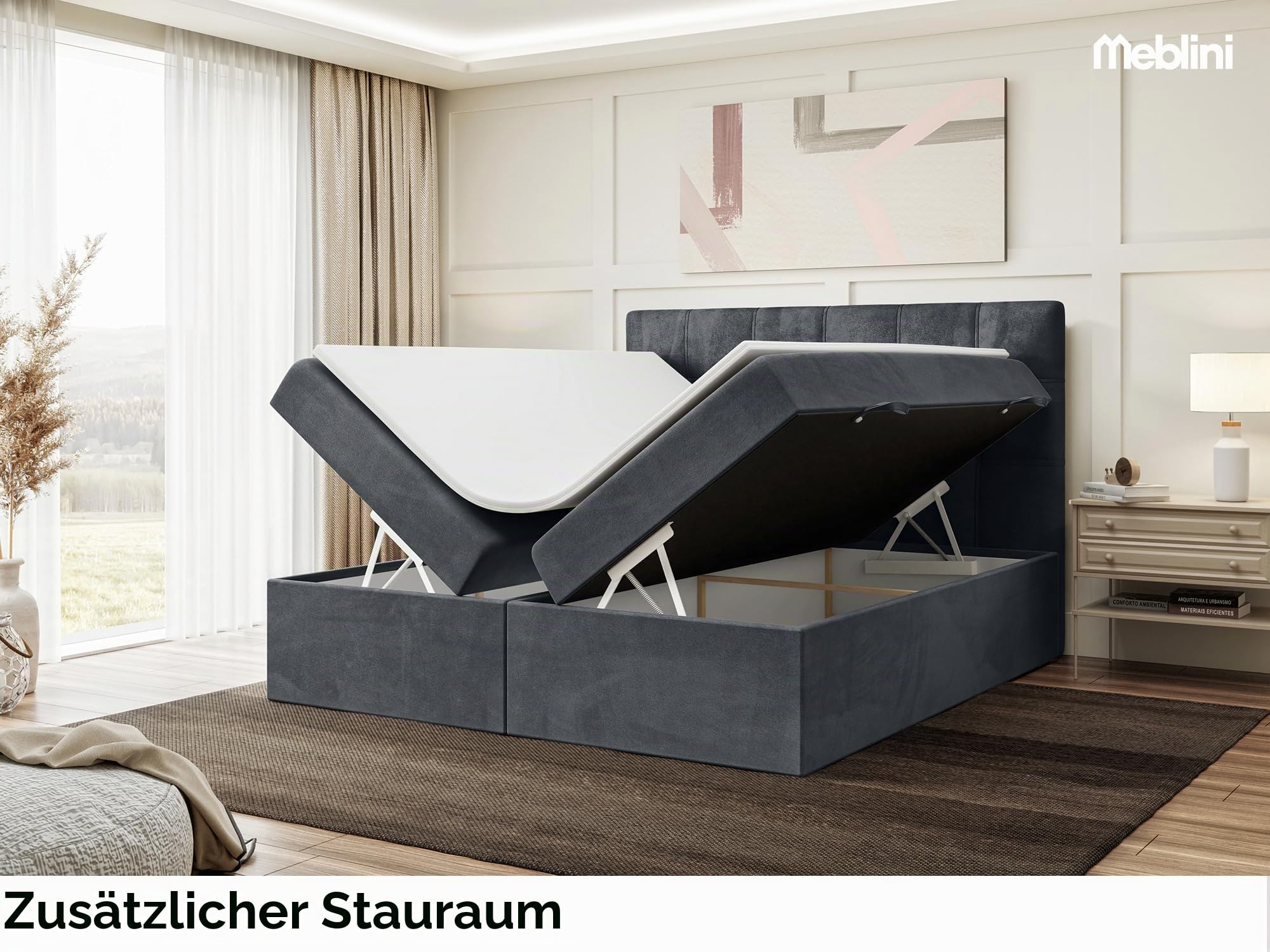 MEBLINI Boxspringbett mit Bettkasten - 160x200 - Gepolstert Doppelbett mit Matratze und Topper - Polsterbett mit Stauraum - Bett mit Kopfteil - Kai - H3/Dunkelgrau Samt
