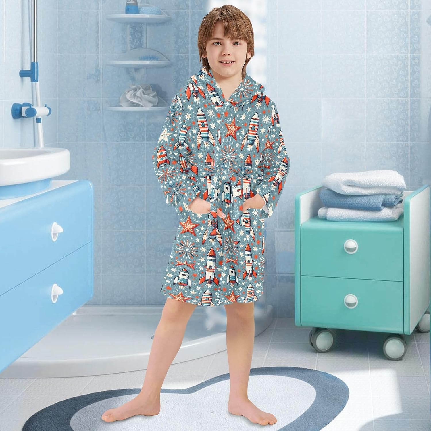 senya Rocket Toddler Hooded Bathrobe Kids Soft Plush Bath Towel Robes for Boys Girls 2-12 Years