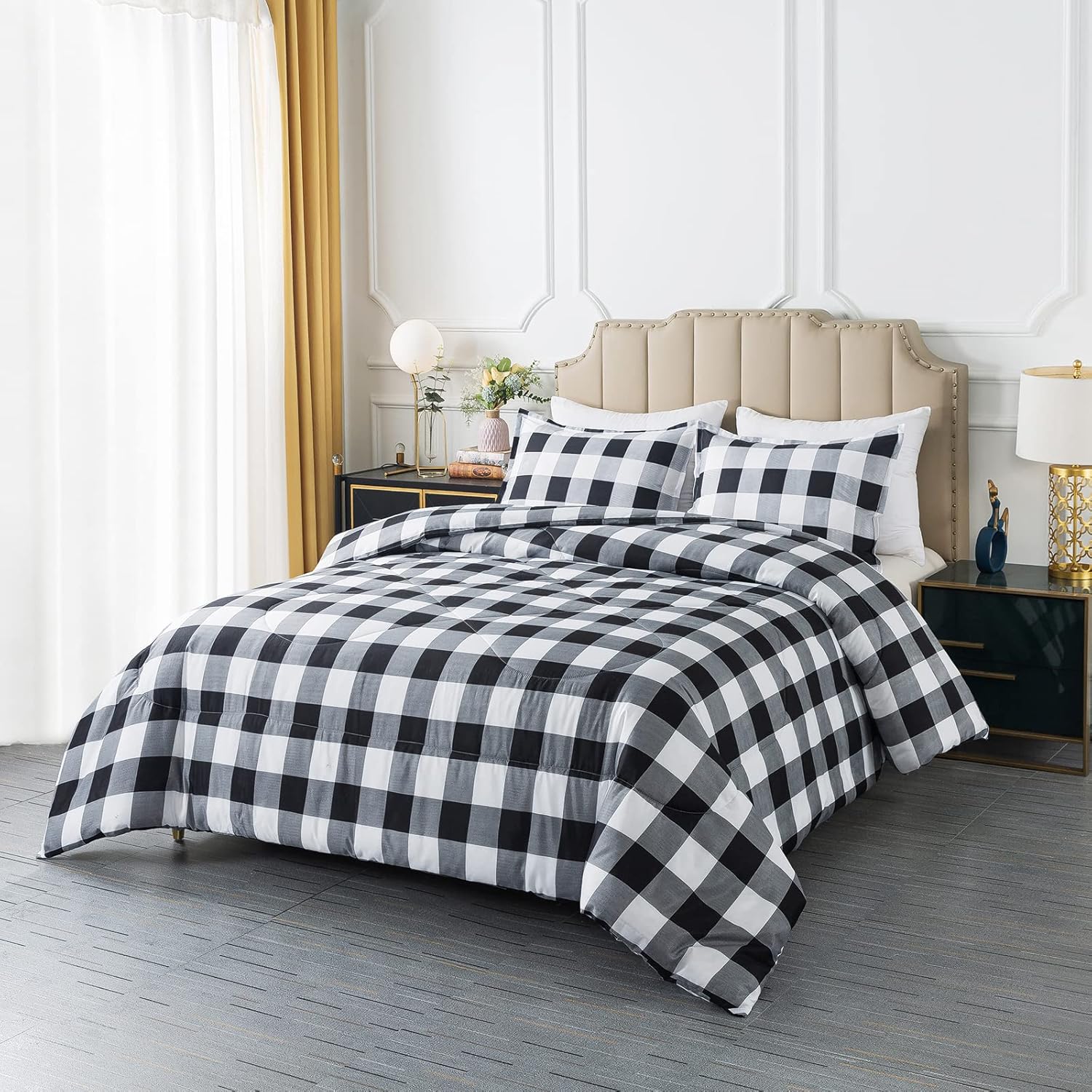 caressma buffalo plaid comforter set queen, black white buffalo plaid comforter bedding set for all seasons, classic gingham pattern print soft microfiber 3 pieces comforter with pillowcases black plaid queen